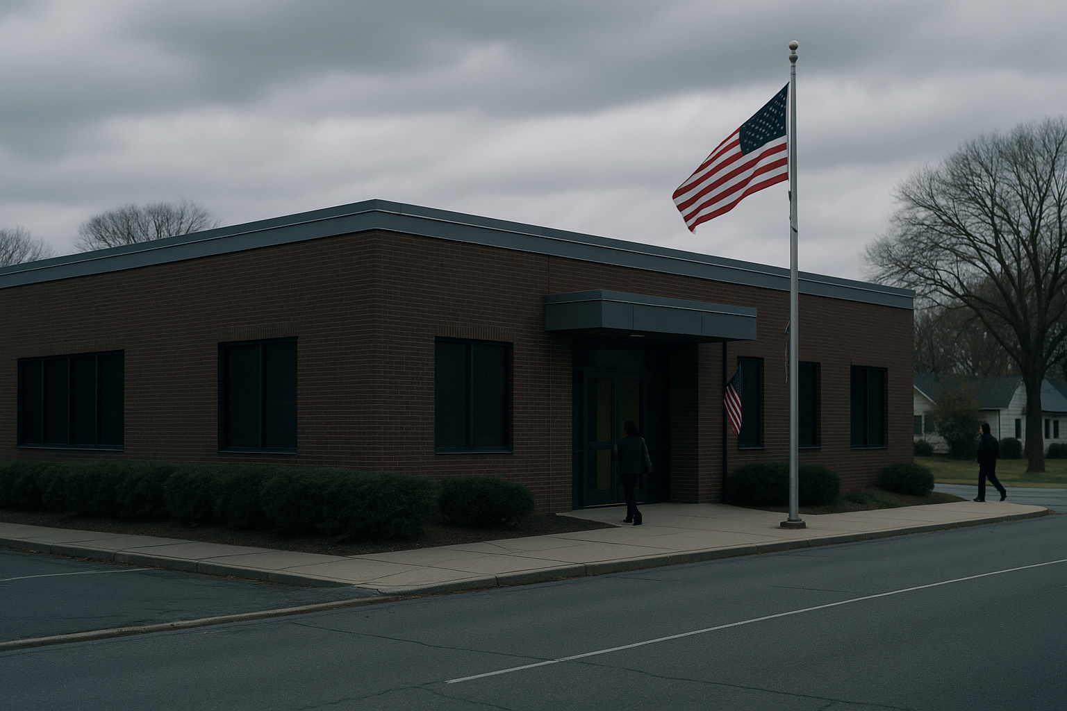 exterior of a Social Security Administration field office building on a quiet suburban street, American flag visible near entrance, overcast sky