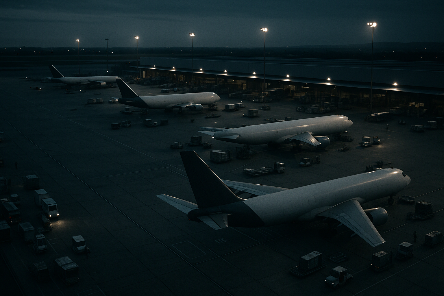 wide aerial view of a large cargo hub apron at dusk, with freight aircraft parked at stands and ground equipment vehicles moving between them