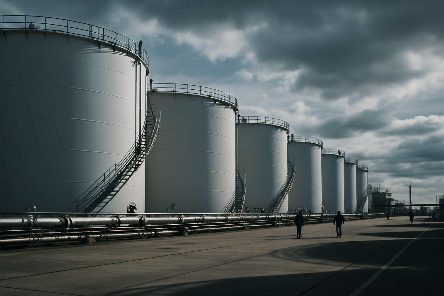 rows of large cylindrical fuel storage tanks at an airport fuel farm facility, shot from ground level with a wide sky overhead