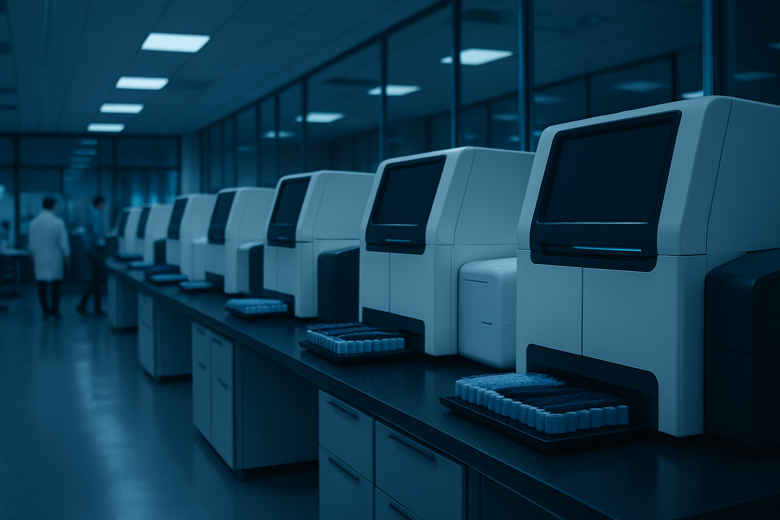 rows of automated DNA sequencing machines inside a modern genomics laboratory, bathed in blue ambient lighting with sample trays visible on countertops