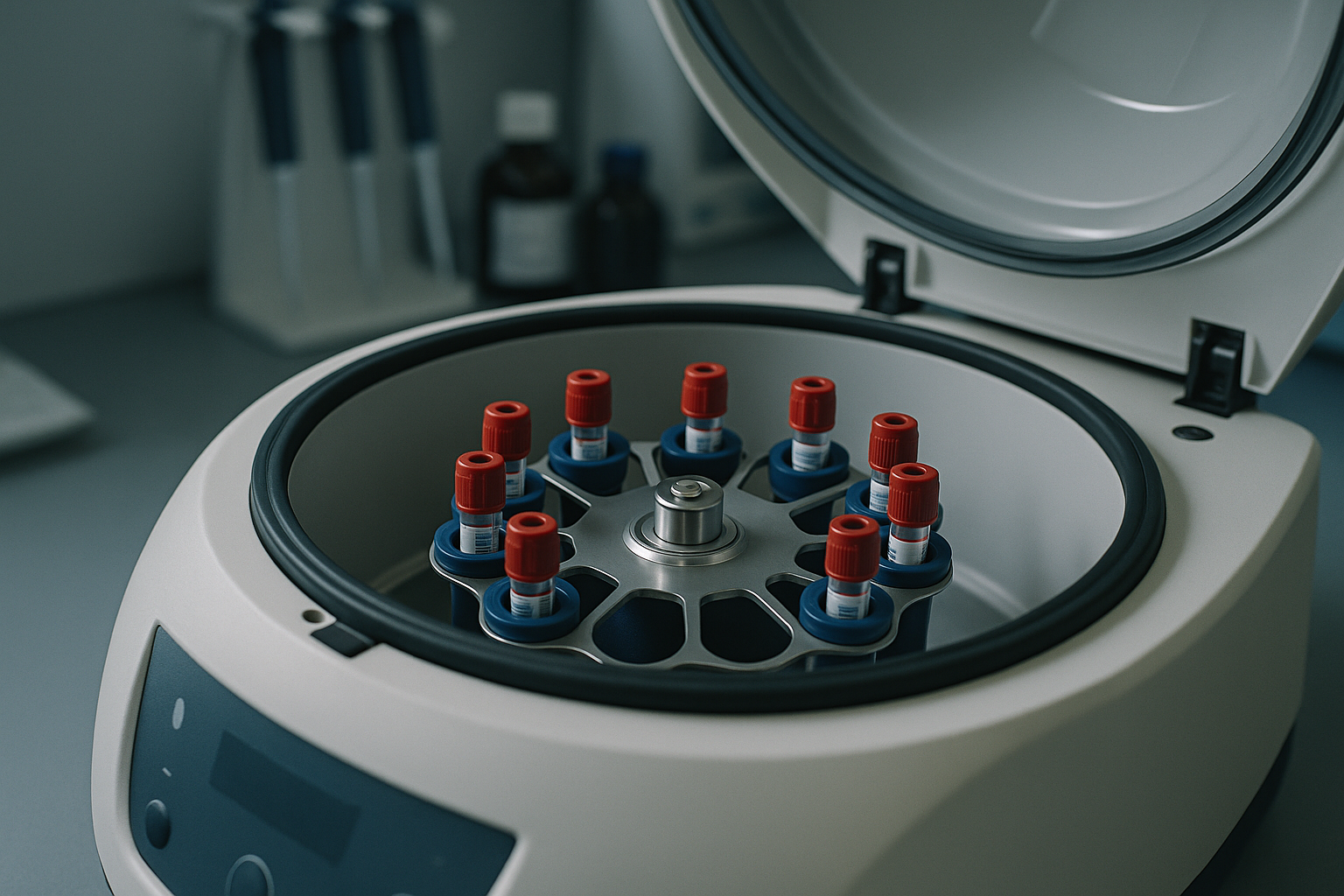 close-up of a laboratory centrifuge with blood sample vials arranged in a circular rack, clinical benchtop setting with pipettes and reagent bottles in the background