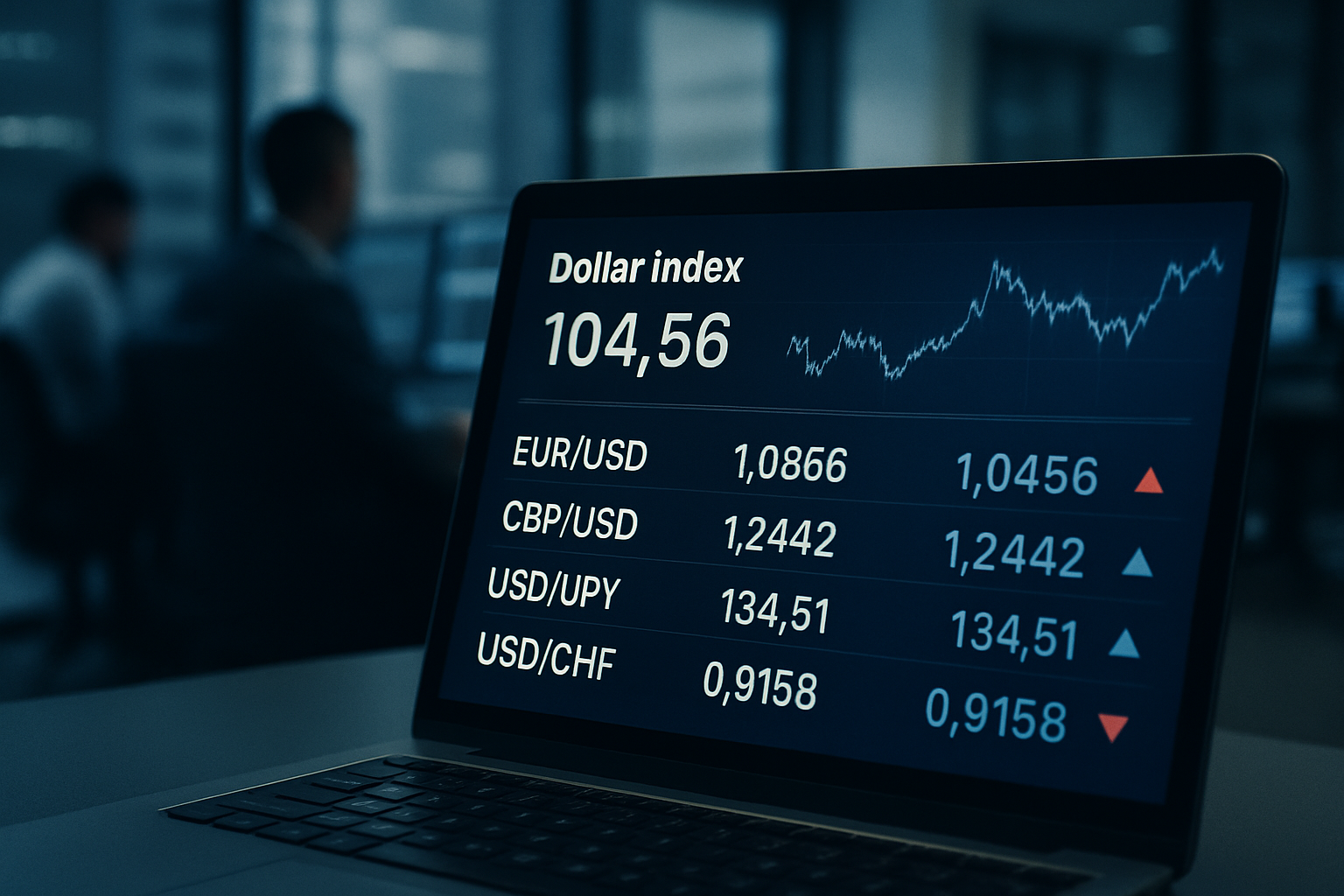close-up of a foreign exchange trading terminal displaying real-time dollar index figures and currency pair rates against a dimly lit dealing room backdrop