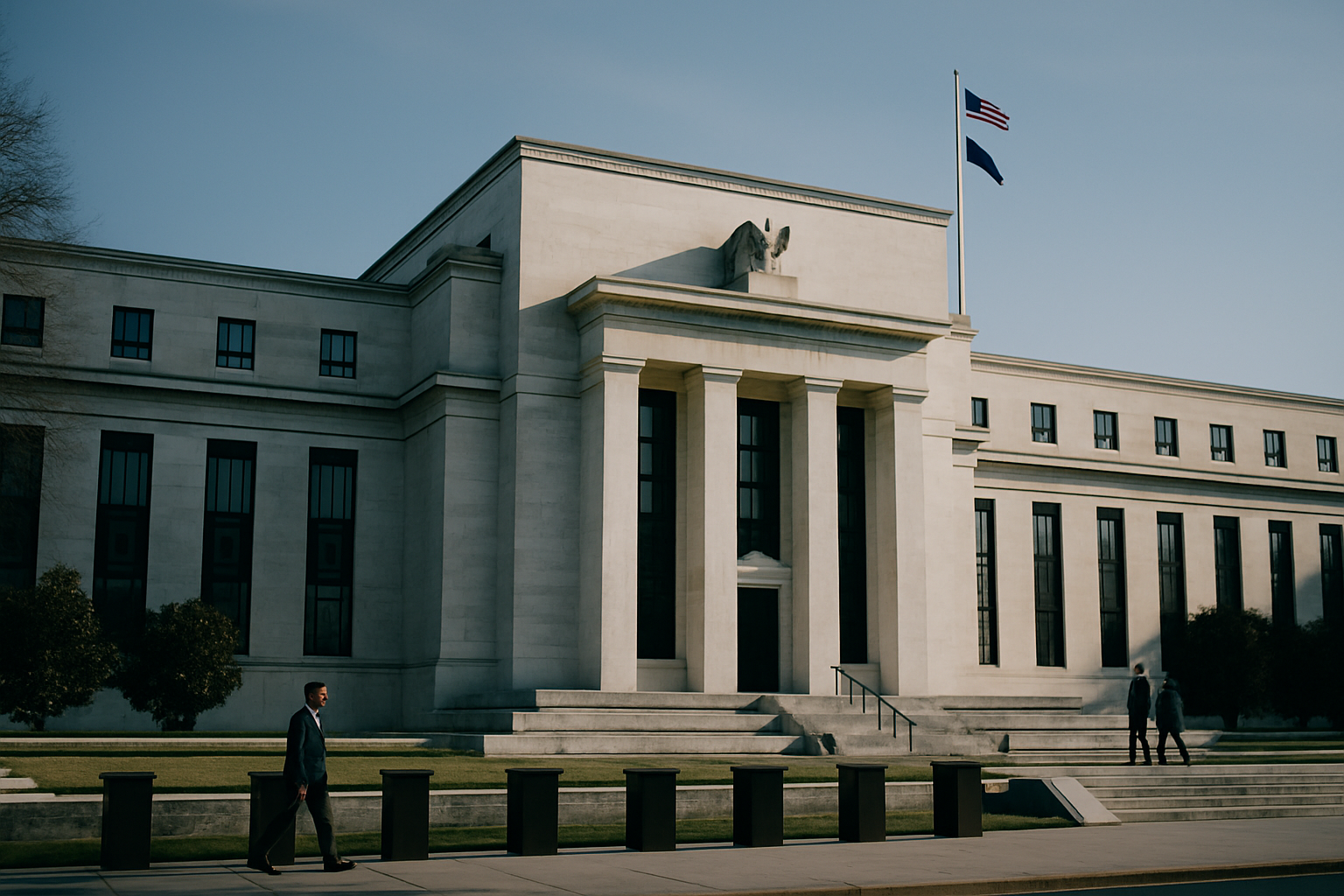 exterior of the Federal Reserve building in Washington D.C. on a clear afternoon, columns and facade visible from the street level
