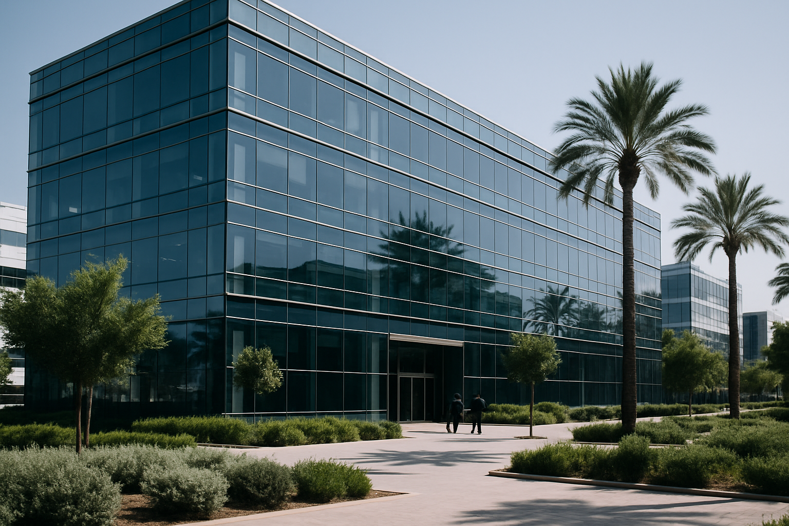 exterior of a modern glass-fronted office building in a Tel Aviv technology park at midday, with landscaping visible in the foreground