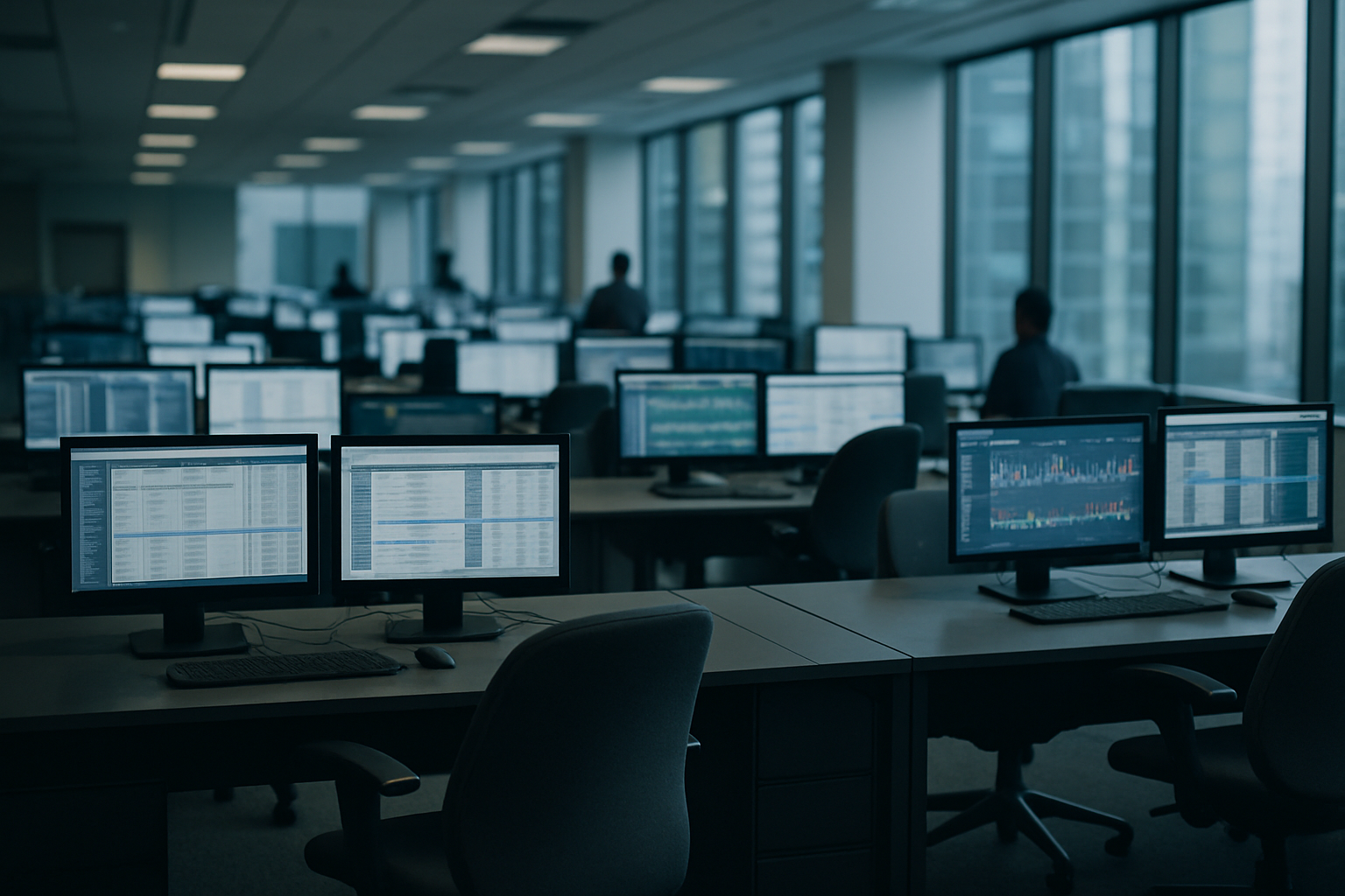 rows of financial workstations in a corporate office interior, with multiple monitors displaying spreadsheets and data dashboards, chairs empty during off-hours