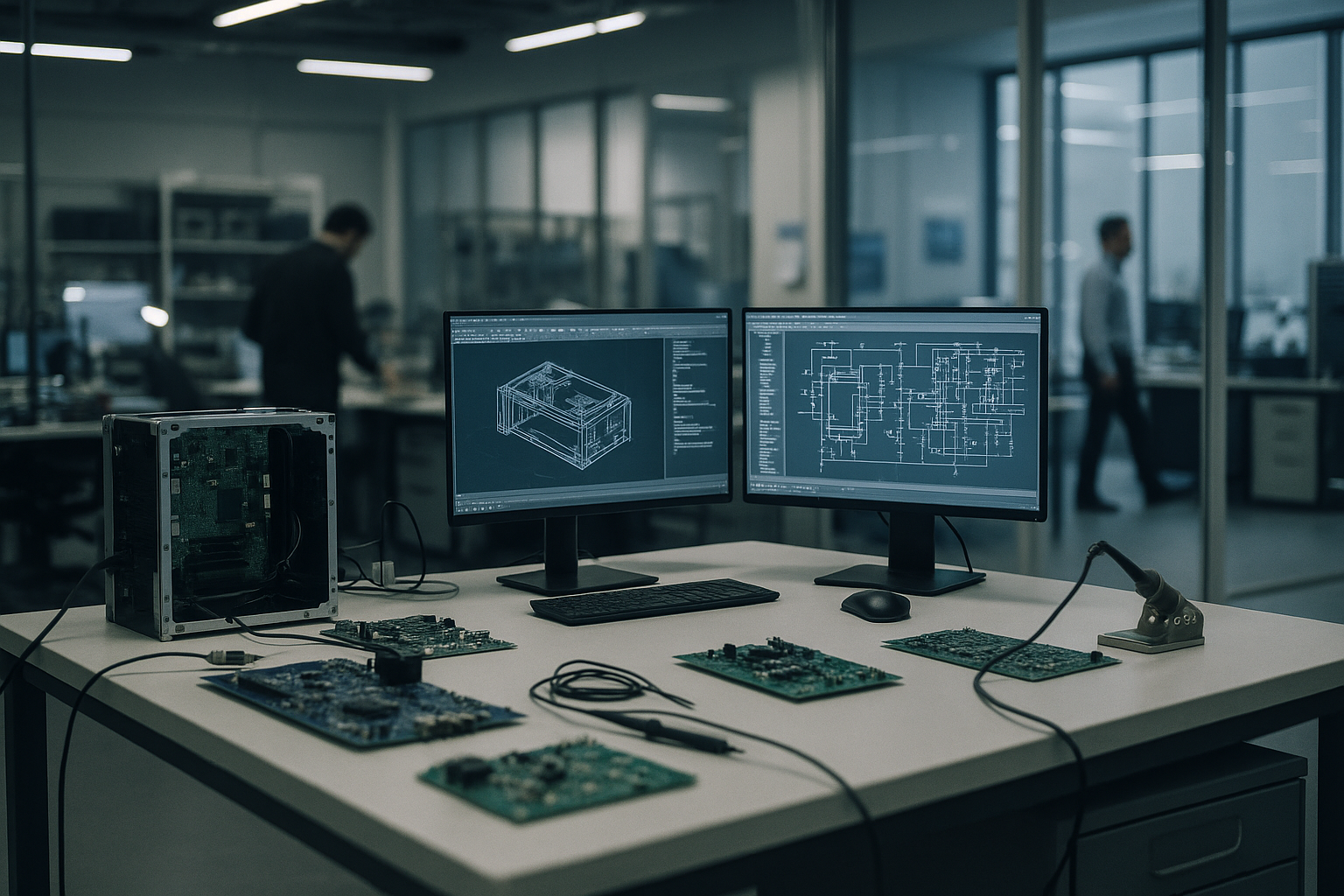 a modern electronics research laboratory with hardware prototypes, circuit boards, and dual-monitor workstations displaying engineering schematics