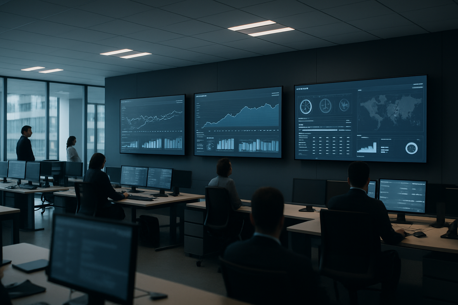 an open-plan corporate office with rows of desks and large wall-mounted screens displaying data dashboards in a softly lit workspace