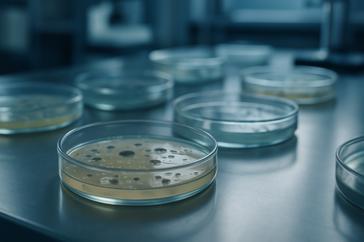 Close-up of laboratory petri dishes containing bacterial cultures under fluorescent lighting in a clinical research facility