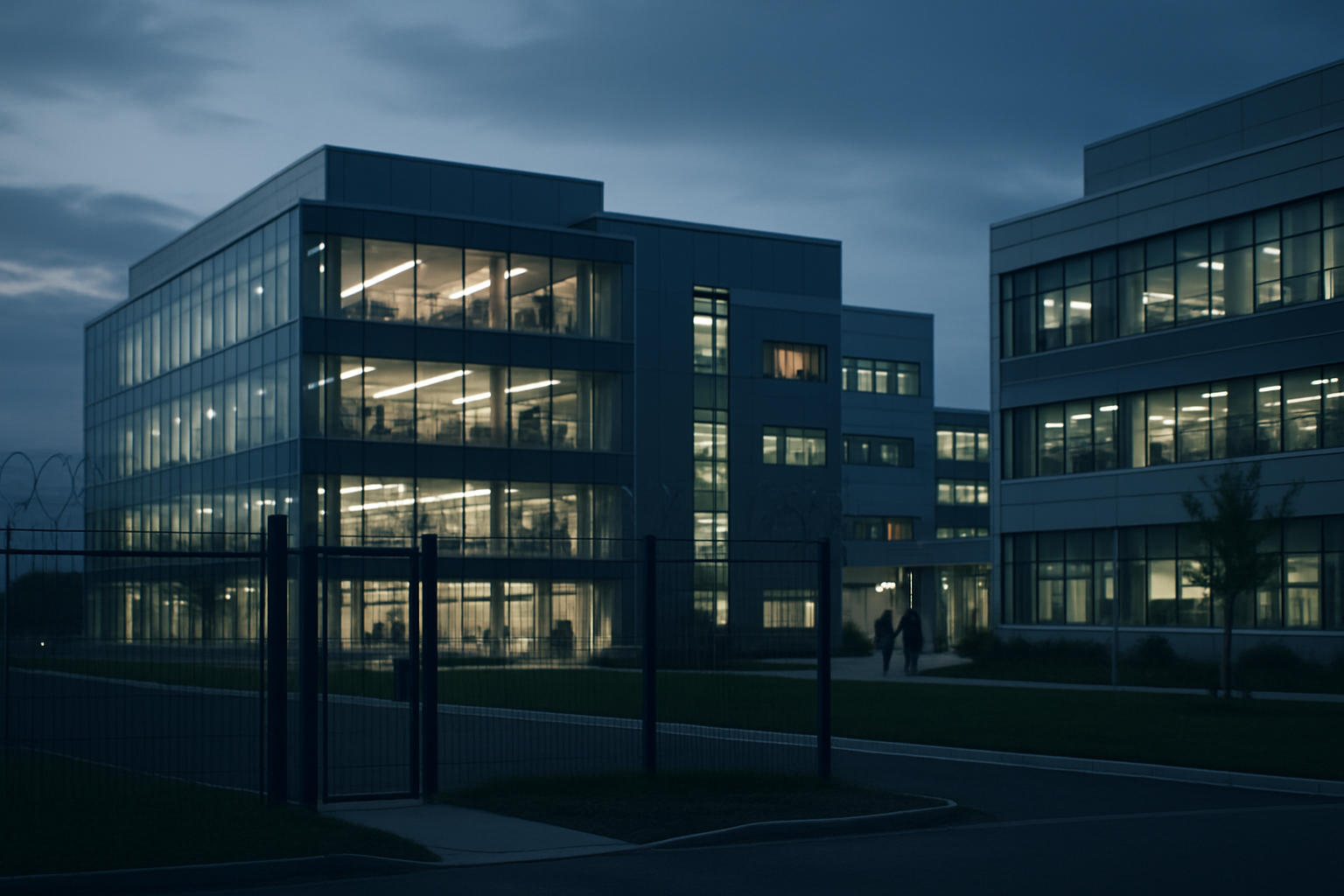 Exterior of a modern biotech research campus at dusk, with glass-fronted laboratory buildings and security fencing visible