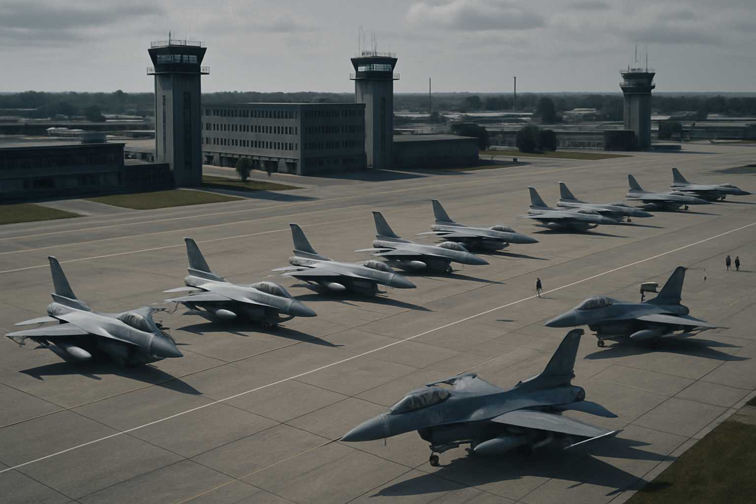 aerial view of a large NATO military airbase with fighter jets parked on tarmac and control towers in the background