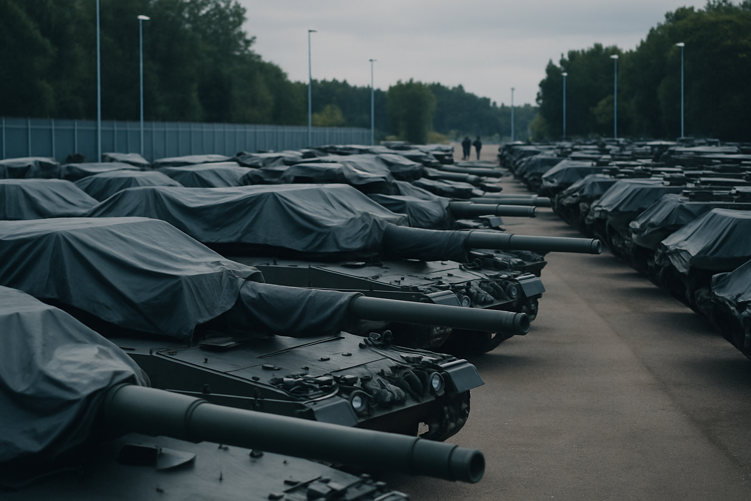 rows of armored military vehicles in an outdoor storage depot at a European defense facility, partially covered by tarps