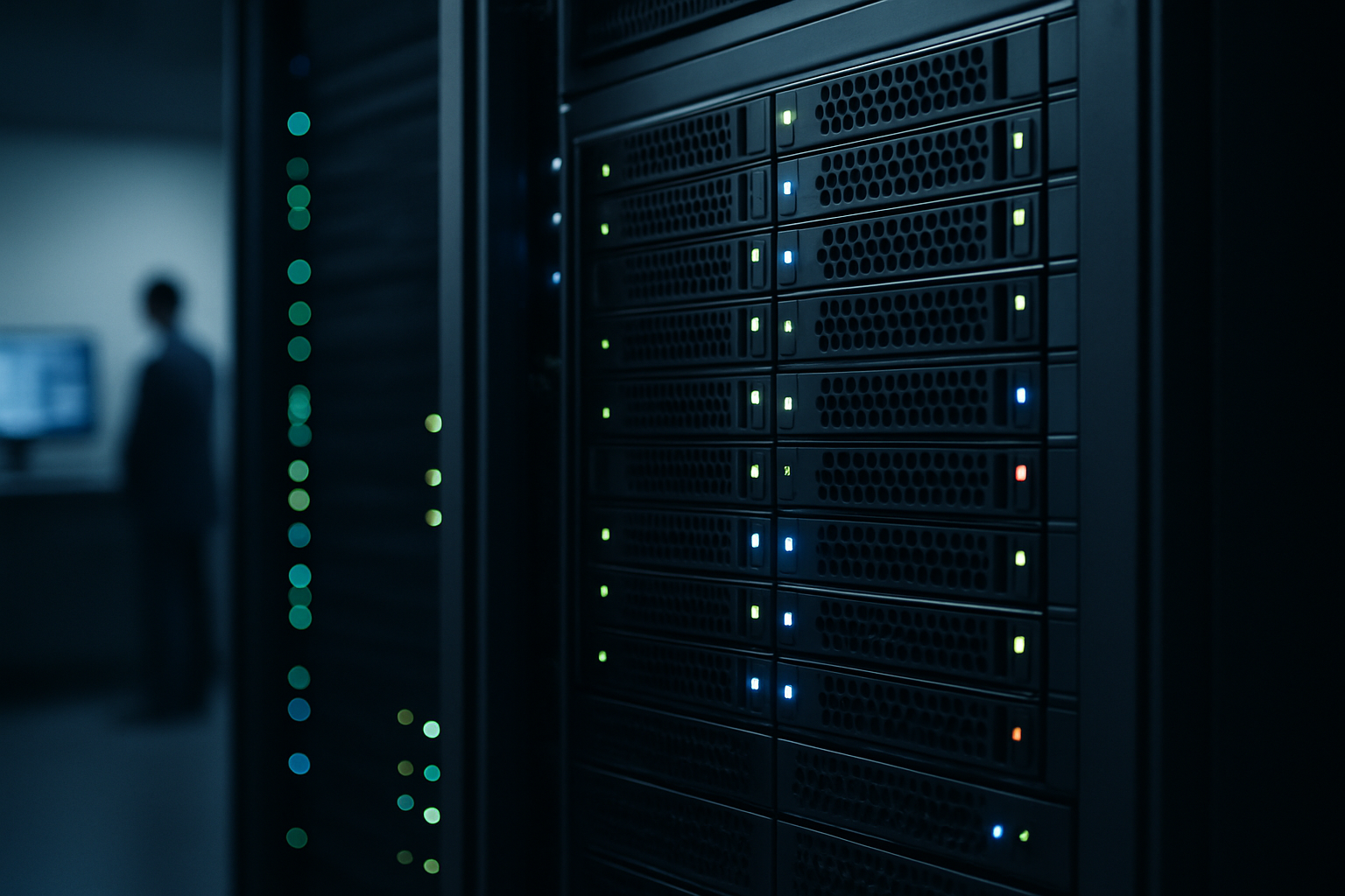 close-up of a high-performance computing server rack inside a pharmaceutical research data center, indicator lights glowing in the dim room