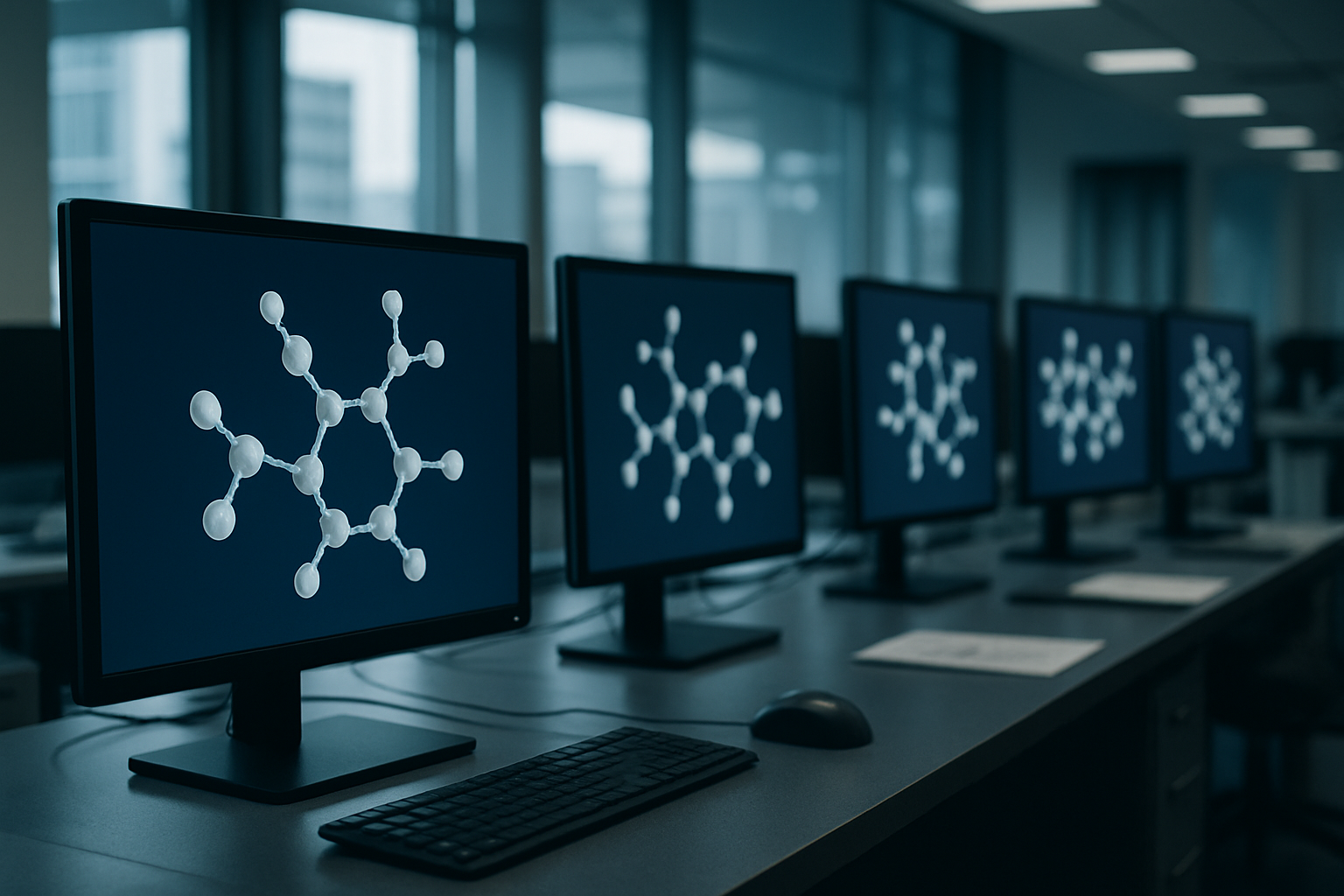 rows of molecular structure models displayed on multiple laboratory monitors inside a modern biotech research facility, no people in frame