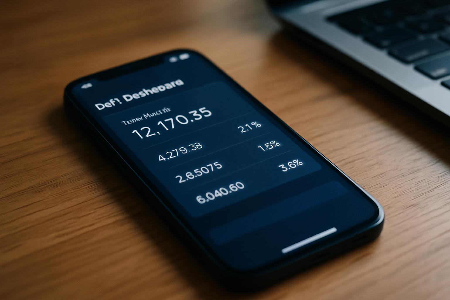 close-up of a smartphone screen displaying a DeFi dashboard with cryptocurrency balance figures and yield percentage indicators, resting on a wooden desk surface