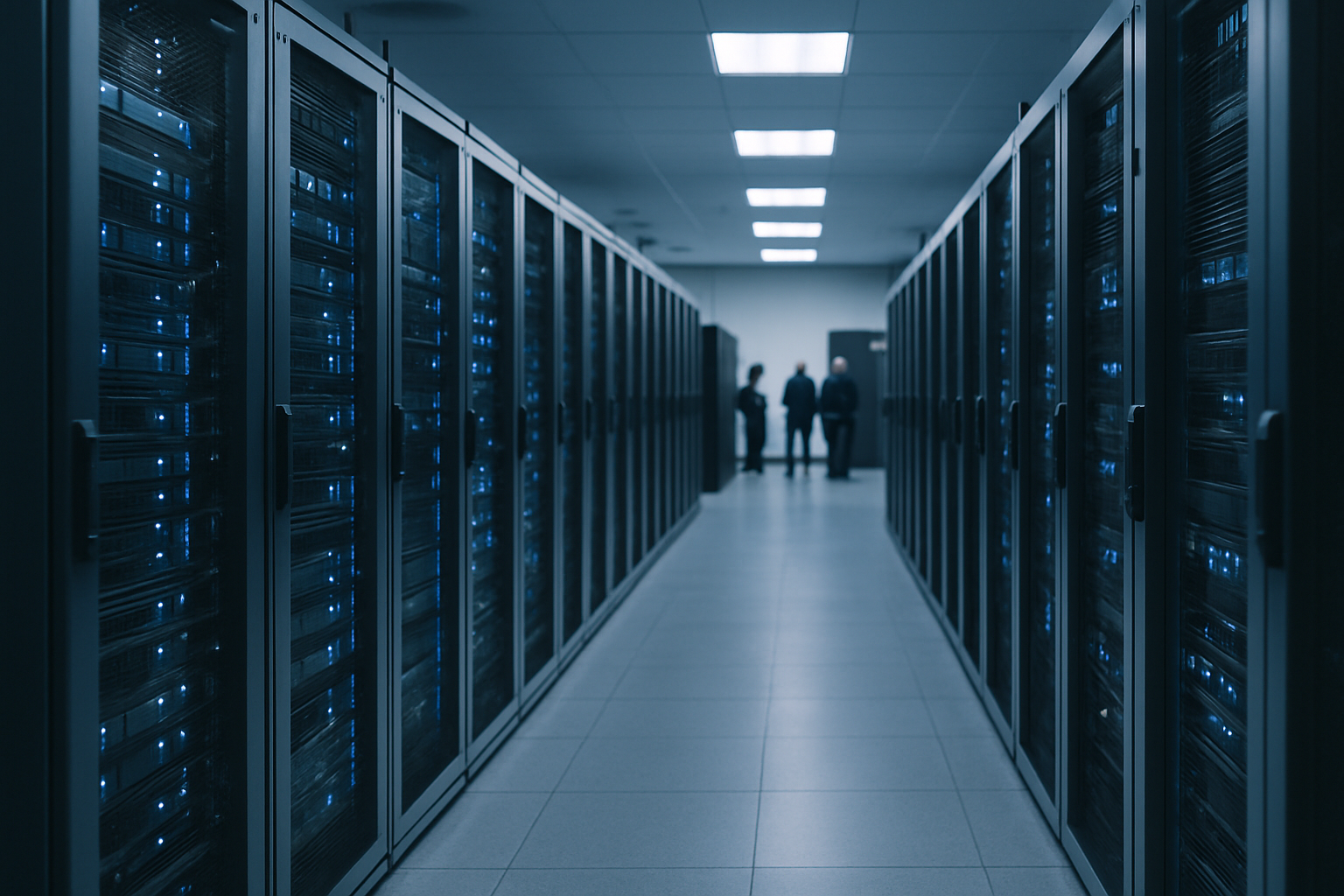 rows of server racks inside a data center with soft blue ambient lighting, illustrating blockchain and AI computing infrastructure