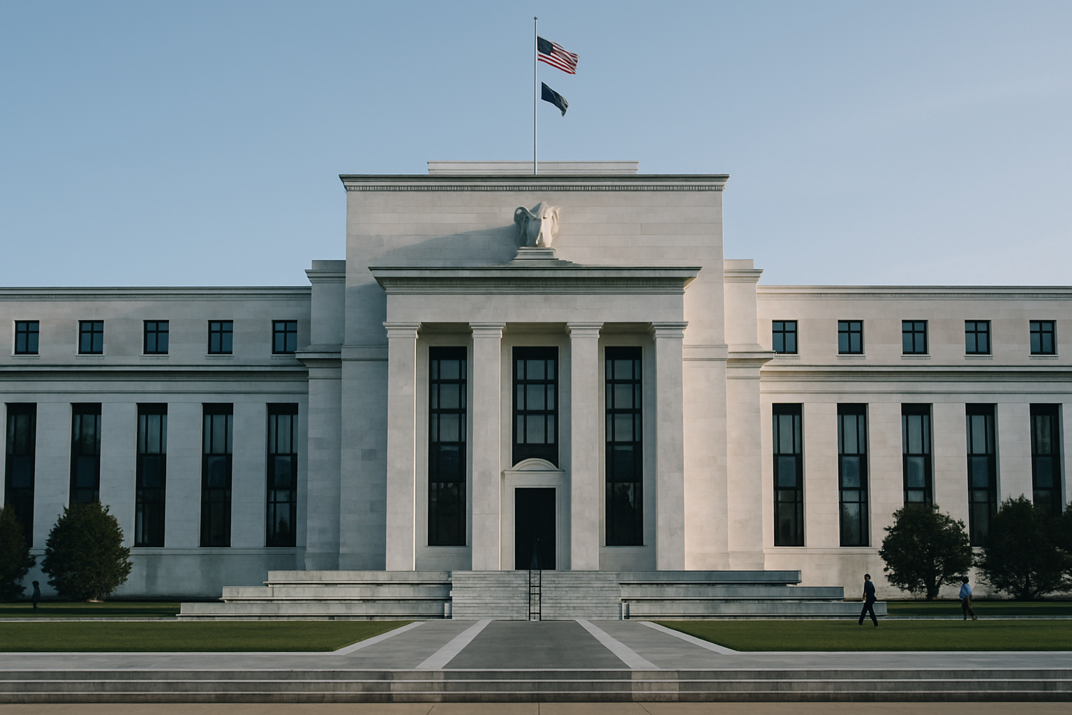 exterior view of the Federal Reserve building in Washington D.C. on a clear morning, with stone columns and a wide empty forecourt visible