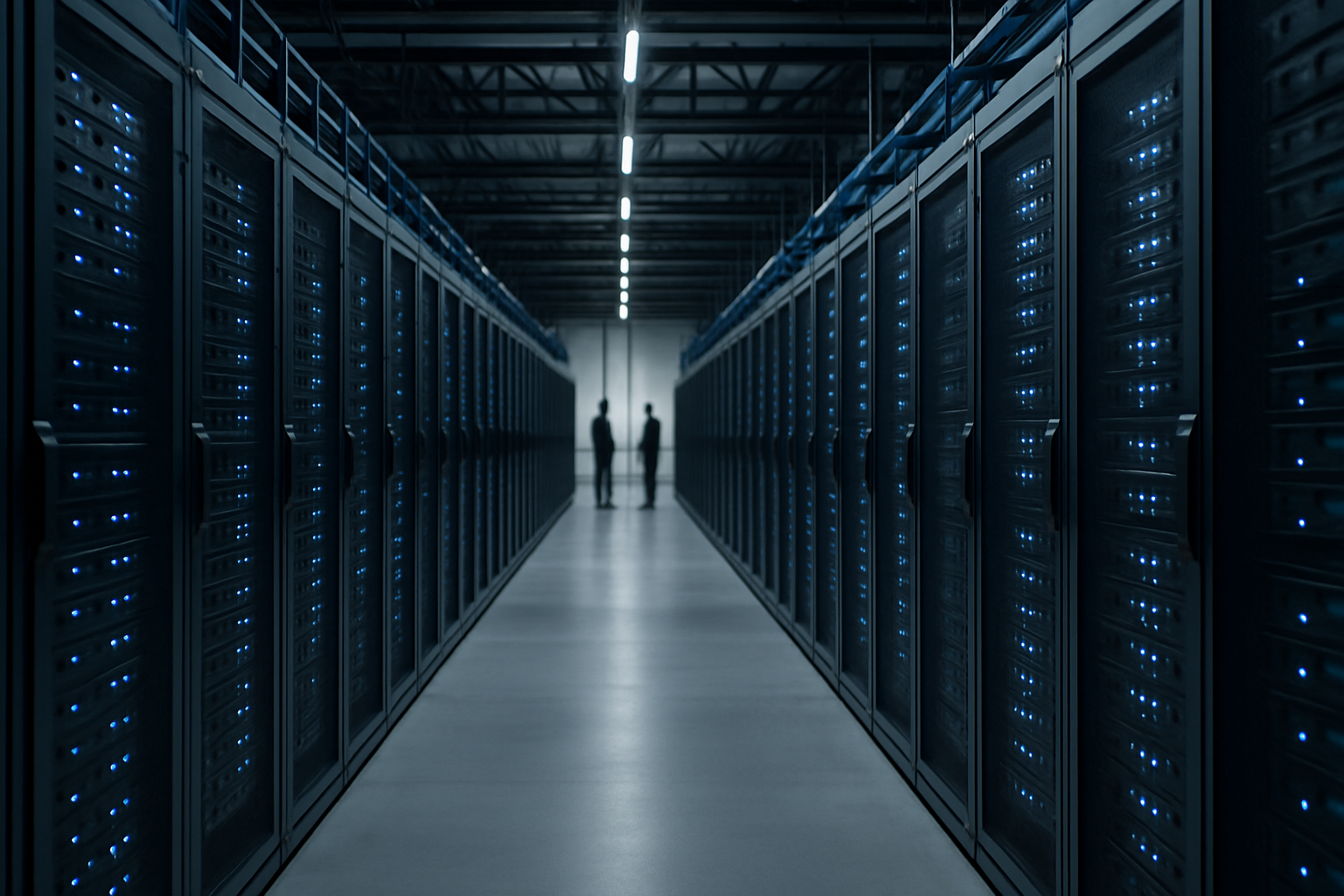 rows of server rack units inside a large data centre facility, illuminated by blue indicator lights with cable management trays visible overhead