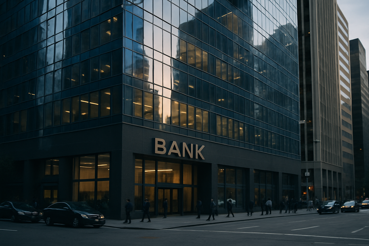 exterior of a large commercial bank headquarters building on a busy urban street, late afternoon light reflecting off glass facade