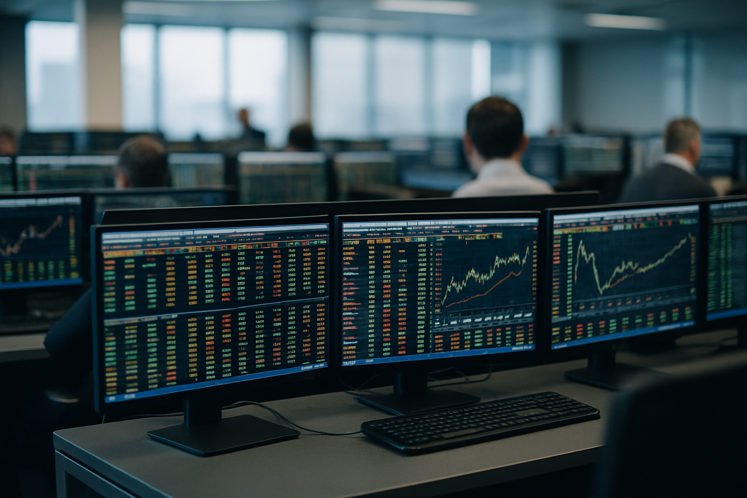 rows of trading terminal screens inside a financial institution operations center, displaying multi-colored financial data and yield curve charts