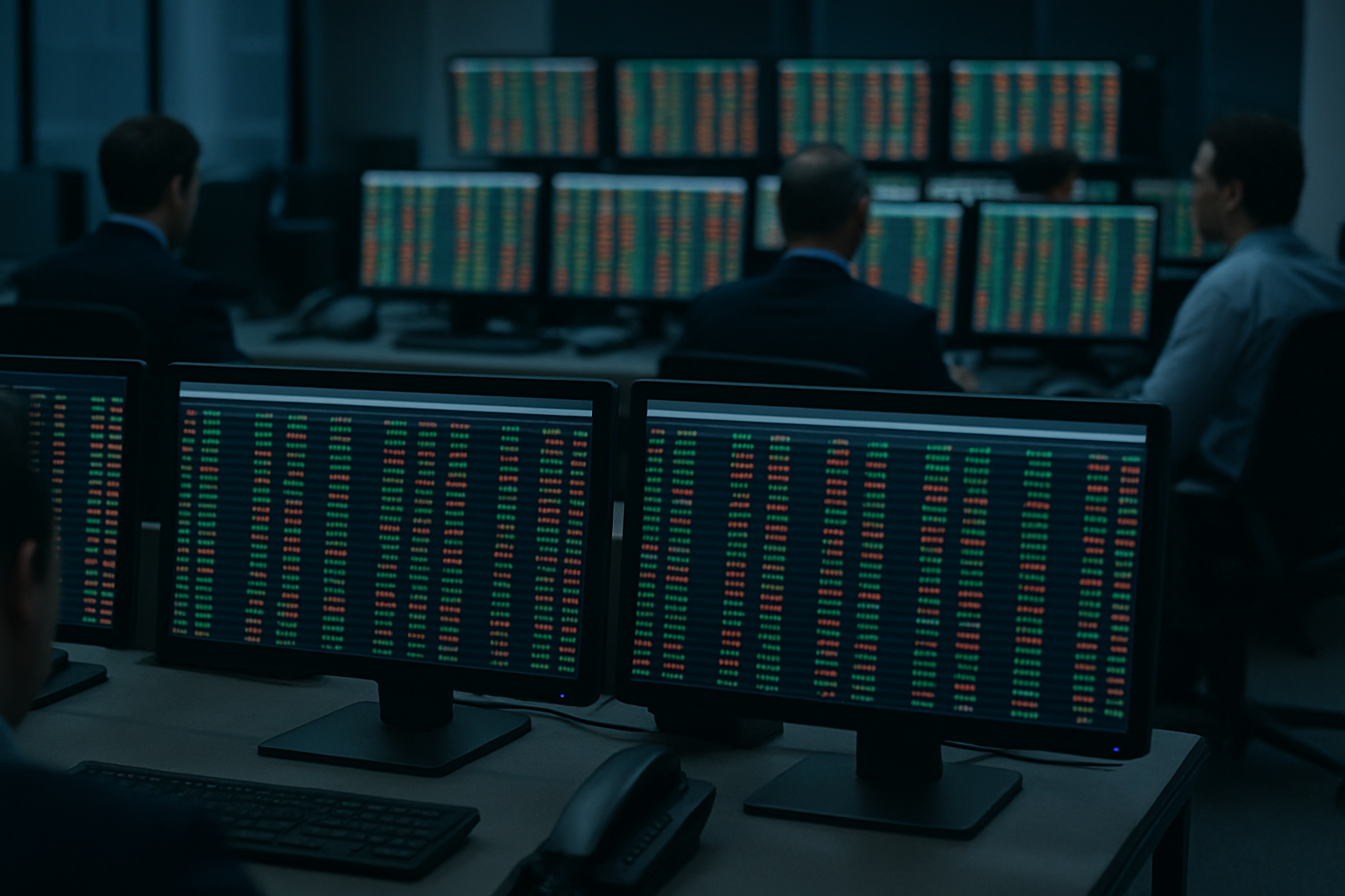 rows of trading terminals displaying a dense grid of green and red equity tickers in a dimly lit financial dealing room