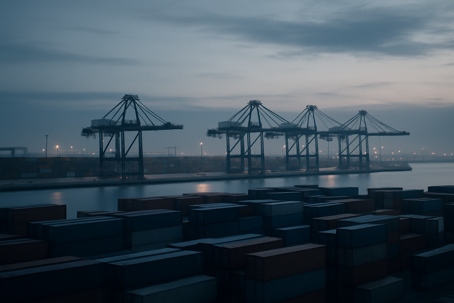 exterior view of a large container port at dawn with stacked shipping containers and idle cargo cranes visible along the waterfront