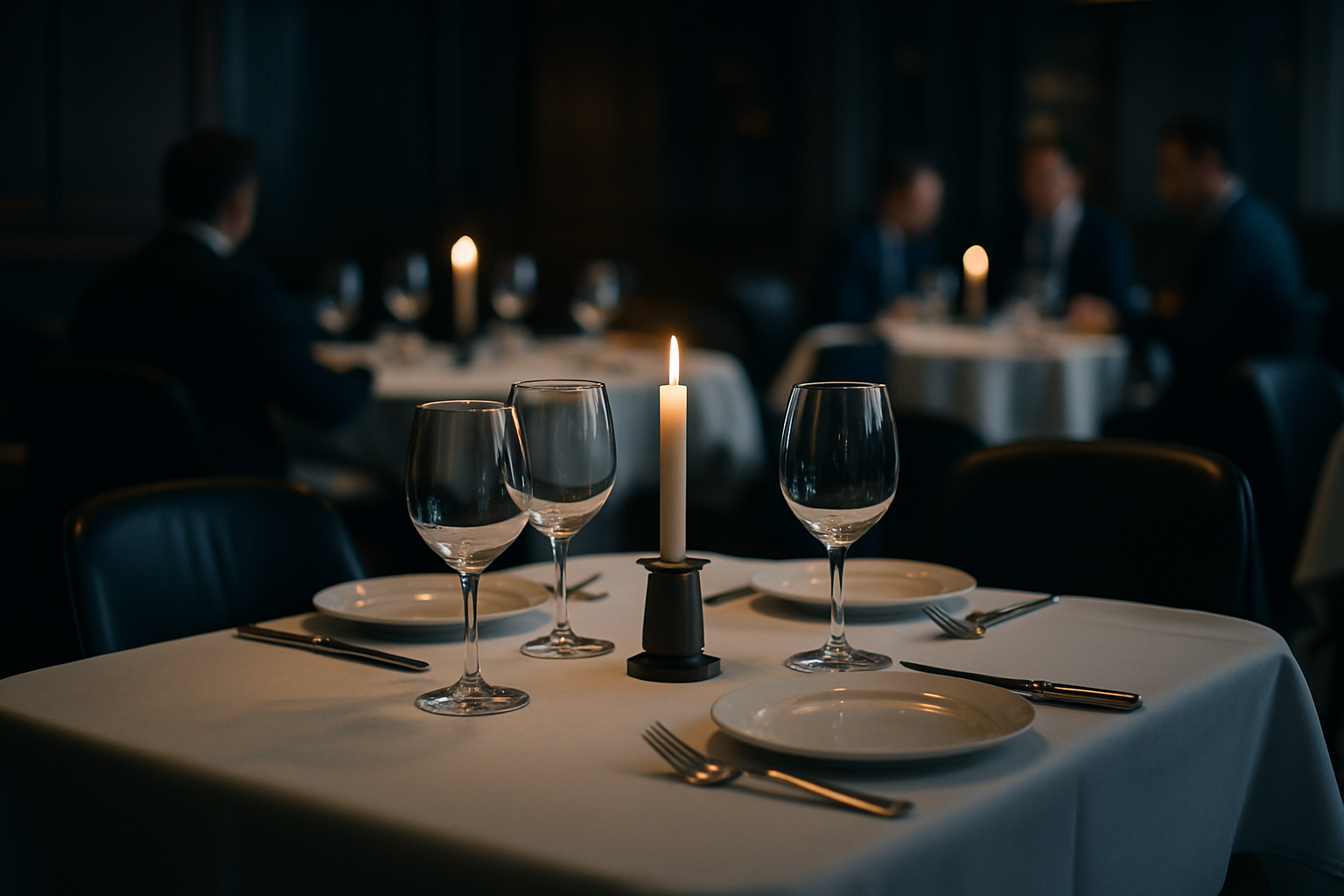 a formally set restaurant table at an upscale steakhouse with empty place settings, wine glasses, and a lit candle in a dim dining room interior