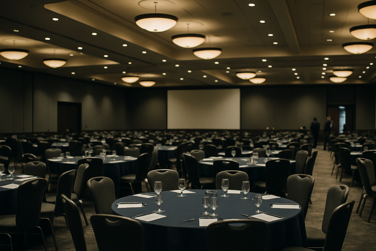 a wide-angle view of a hotel conference-style banquet room set for a dinner seminar, with rows of round tables, projection screen at the front, and overhead lighting casting a warm glow on empty chairs