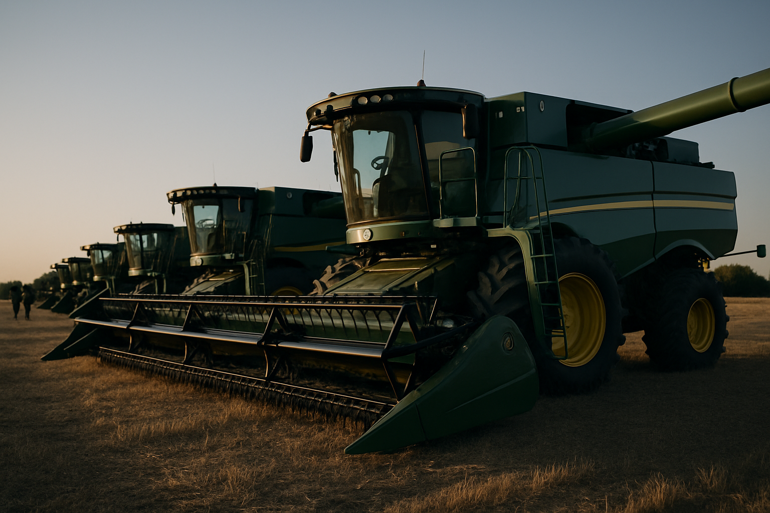 rows of large green John Deere combine harvesters parked in an open field at golden hour, shot from a low angle emphasizing scale and machinery detail