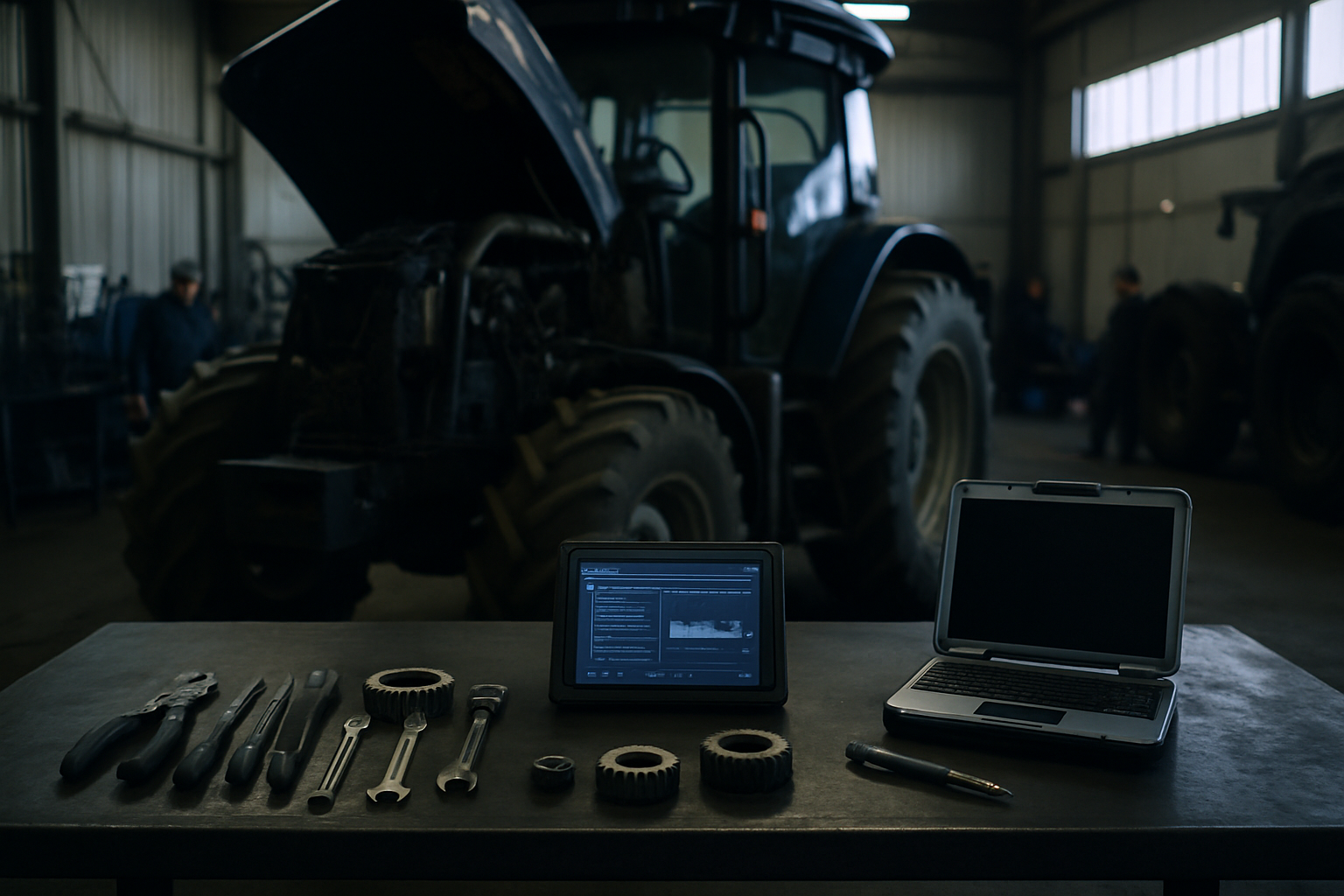 interior of a rural farm equipment repair workshop, tools and diagnostic tablets arranged on a metal workbench, tractor components visible in the background