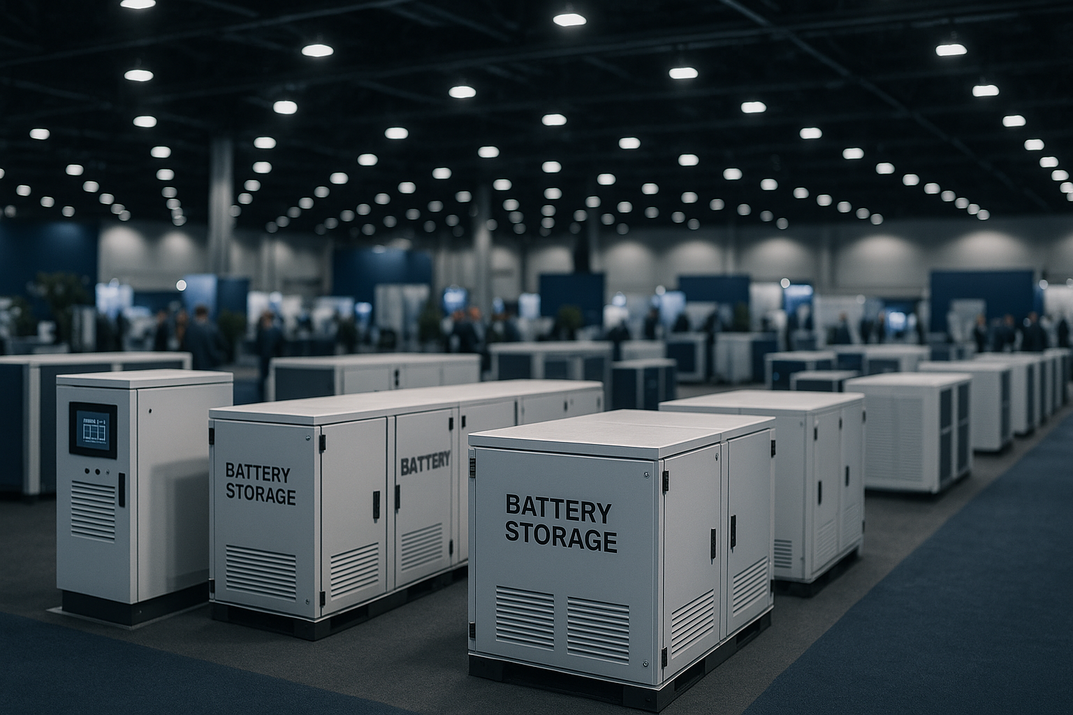 wide-angle interior of a large exhibition hall displaying rows of industrial battery storage systems and energy management terminals under bright overhead lighting