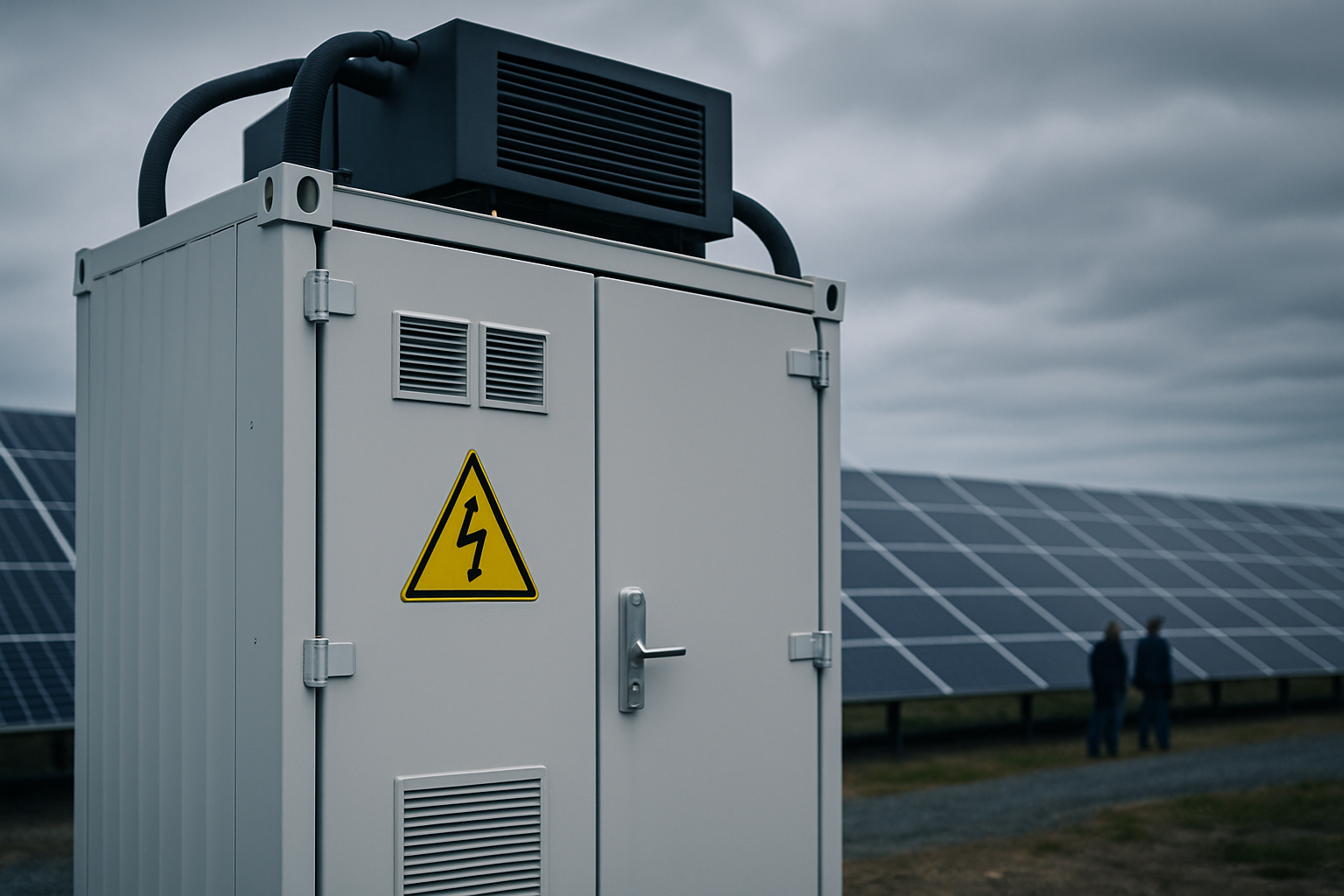 close-up of a modular industrial battery energy storage unit installed outdoors at a solar farm, with photovoltaic panels visible in the background under an overcast sky