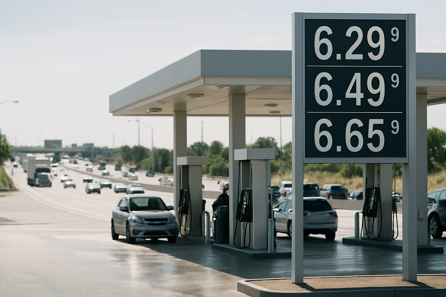 a wide-angle shot of a busy highway-adjacent gas station at midday, with price signs prominently displaying elevated per-gallon figures, fuel pumps in the foreground and heat haze rising from the asphalt