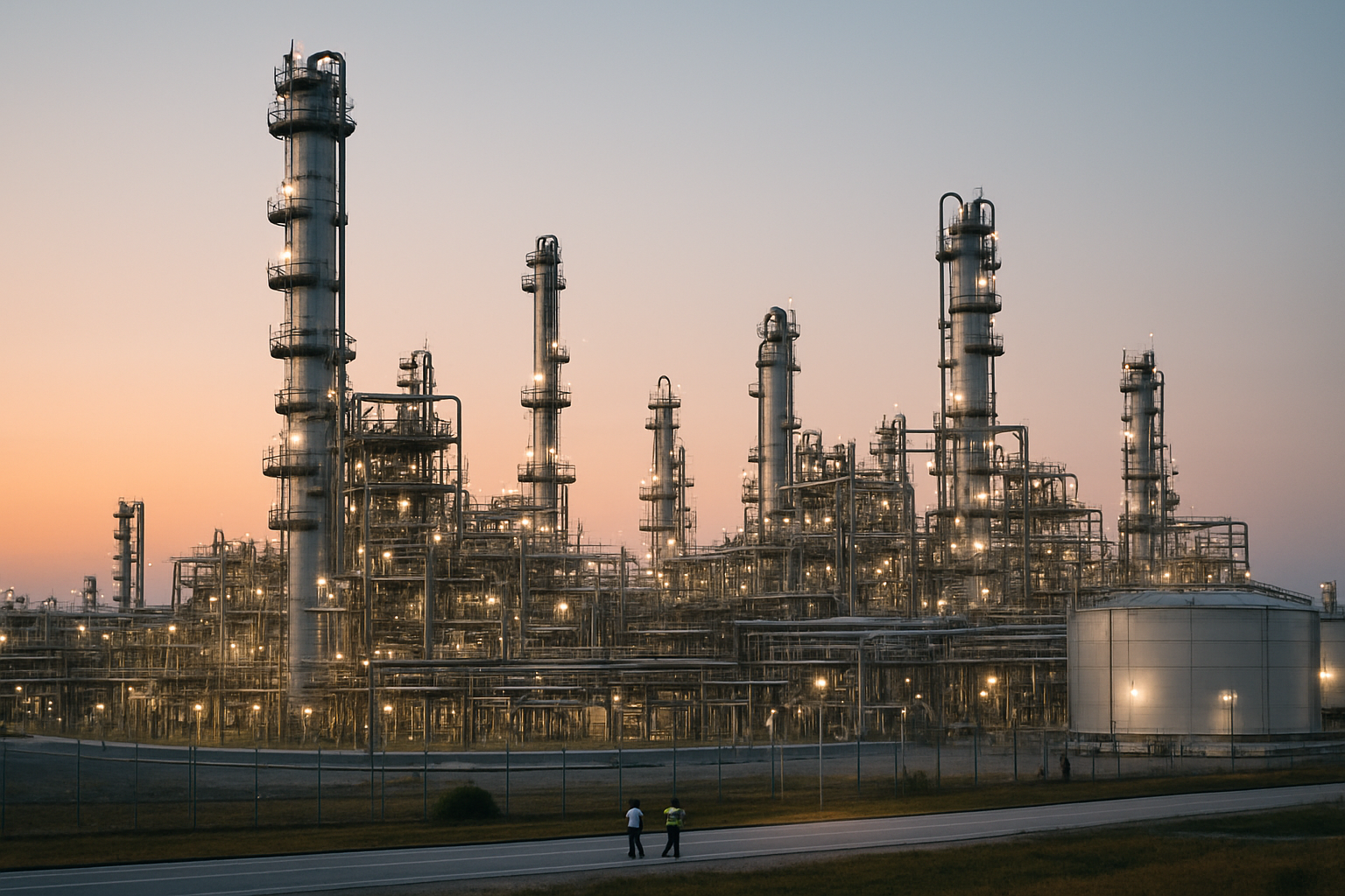 exterior of a mid-size petroleum refinery complex at dusk, with illuminated processing towers, pipelines, and storage tanks visible against a fading orange sky