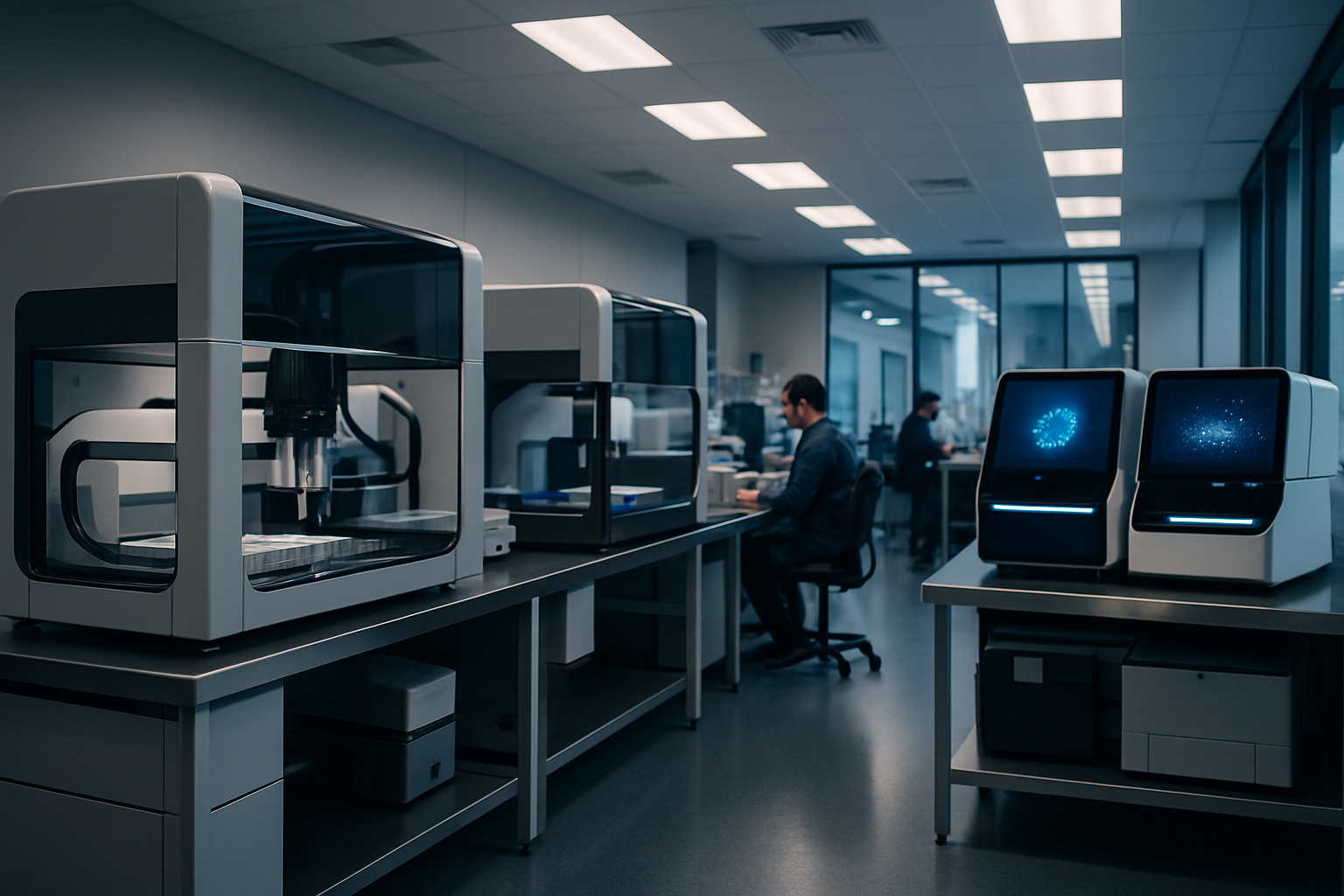 interior of a modern genomics laboratory with rows of automated liquid handling systems and illuminated gene sequencing equipment on stainless steel benchtops