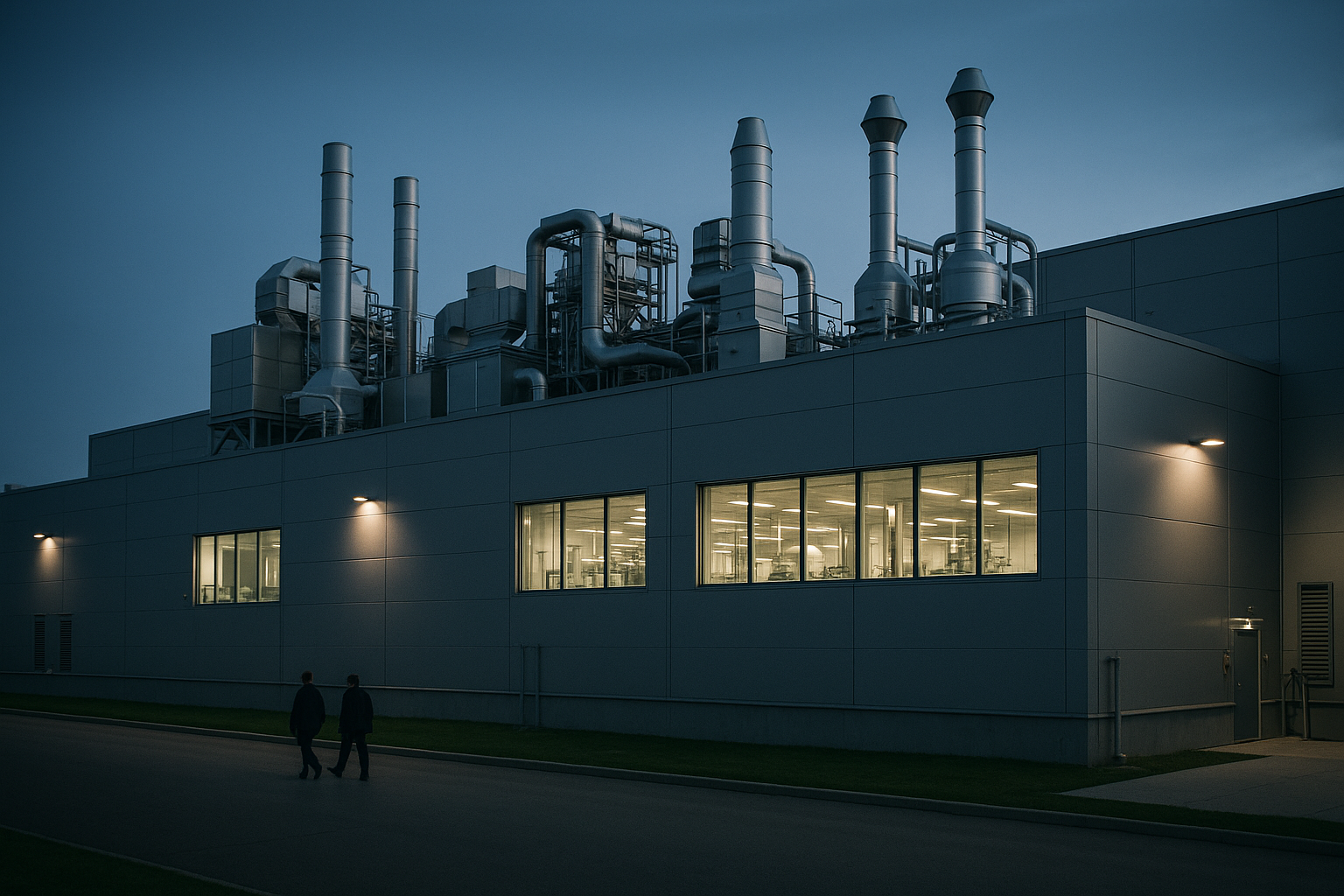 exterior of a large pharmaceutical manufacturing facility at dusk with sterile processing units and clean-room ventilation stacks visible along the roofline
