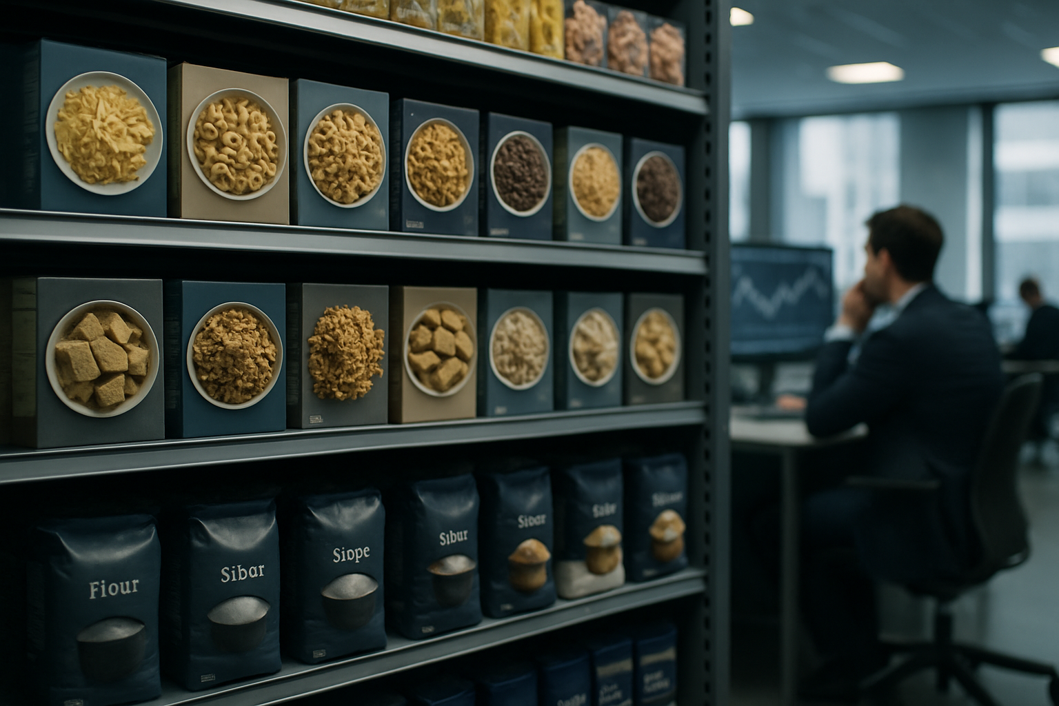 rows of consumer packaged food products on a brightly lit supermarket shelf, with cereal boxes and baking goods neatly organised by brand