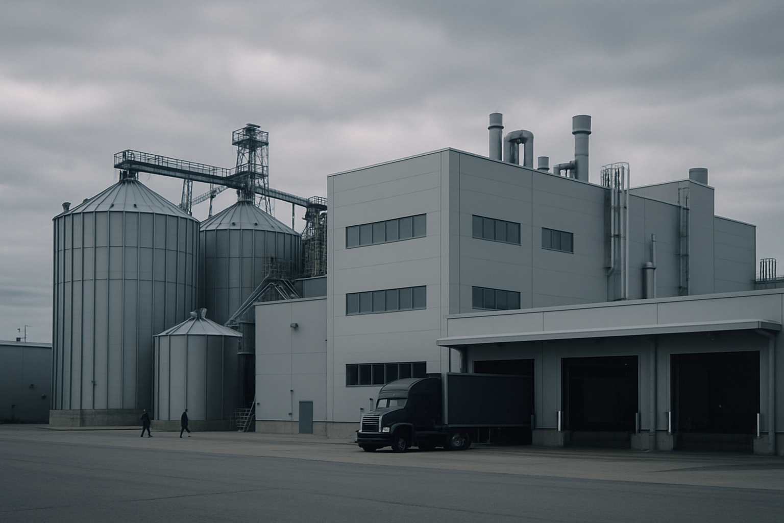exterior of a large food manufacturing facility surrounded by grain storage silos and freight loading bays under an overcast sky