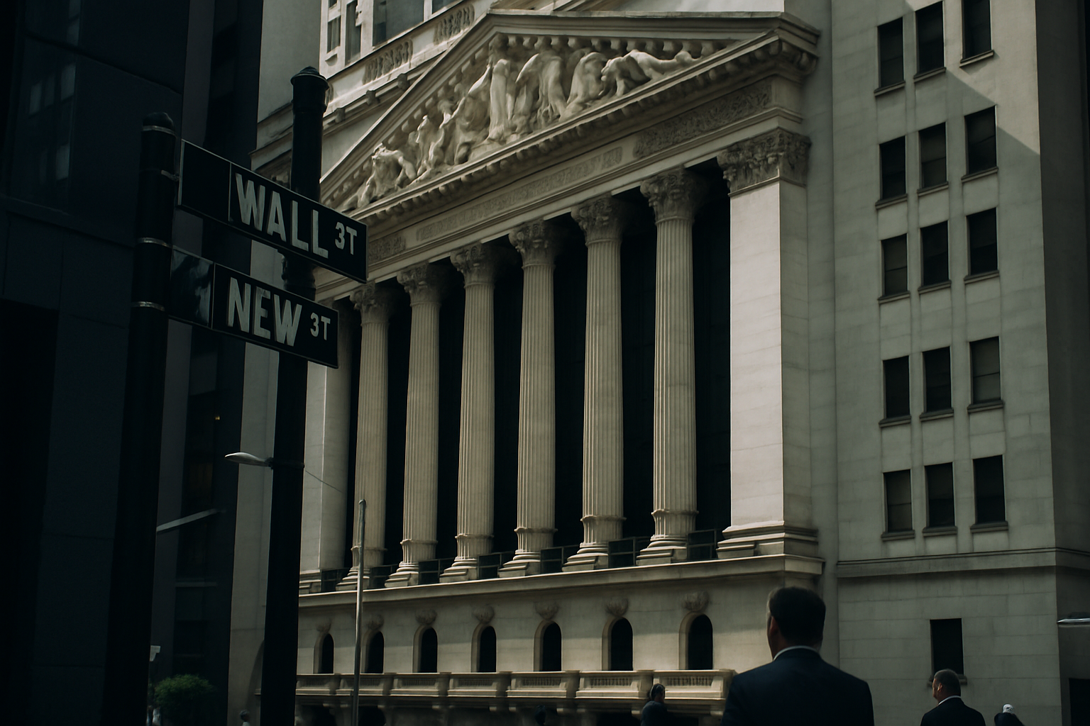 exterior of a New York Stock Exchange-style trading building facade with financial district signage visible in the foreground