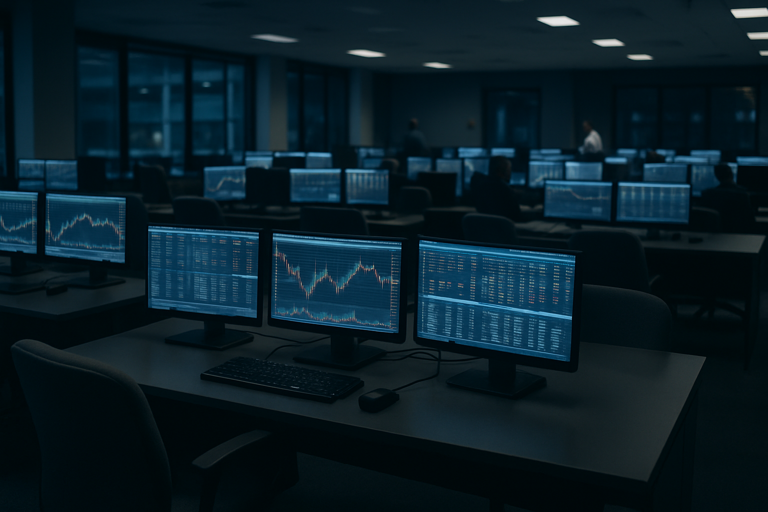 rows of empty trading terminals in a dimly lit institutional trading floor, monitors displaying market data with no active operators present