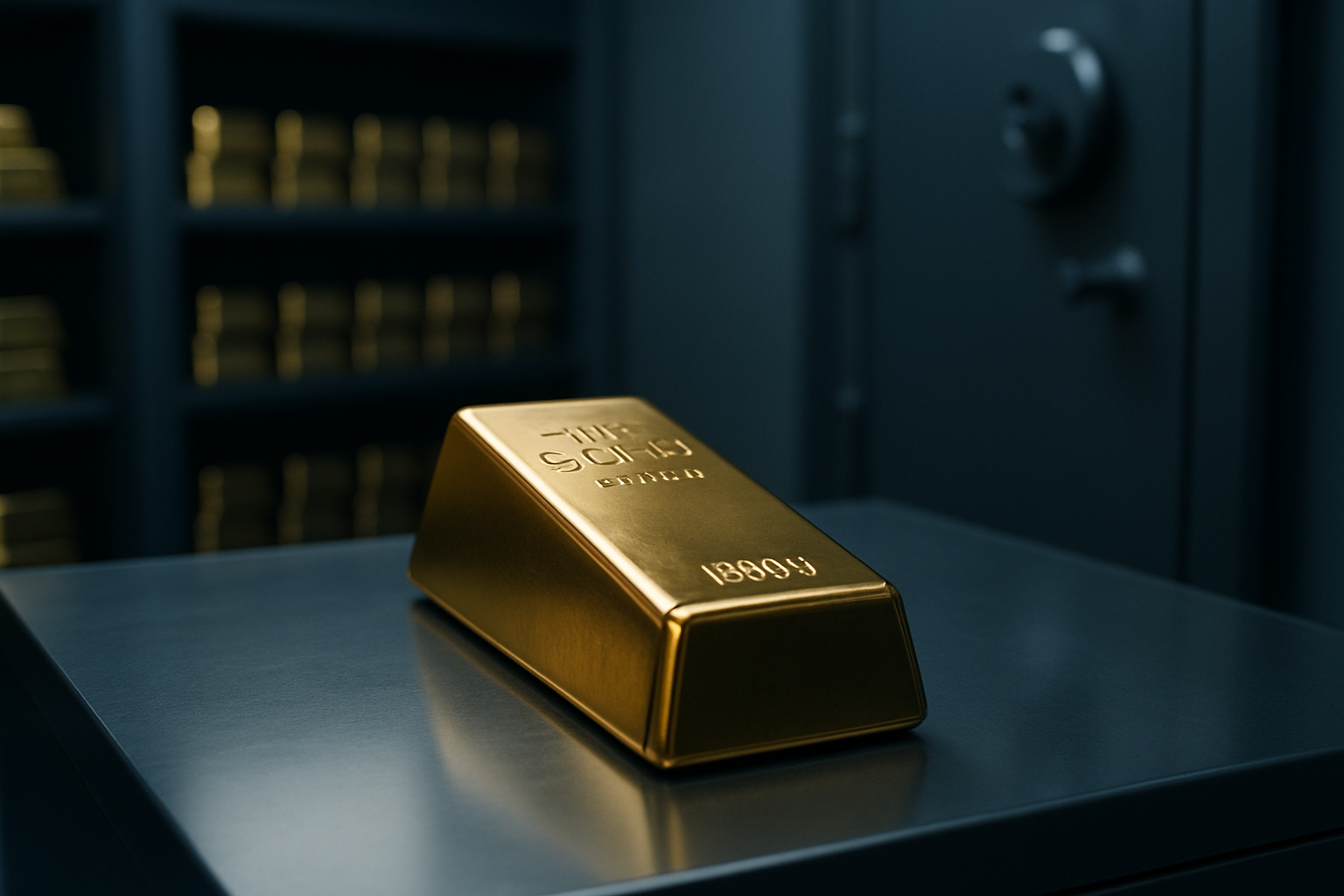 close-up of a gold bullion bar resting on a reflective surface inside a secure vault, with rows of identical bars visible in the background