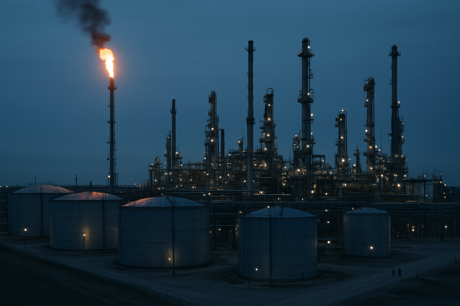 exterior of a crude oil refinery complex at dusk, with tall flare stacks and large cylindrical storage tanks stretching across a flat industrial landscape