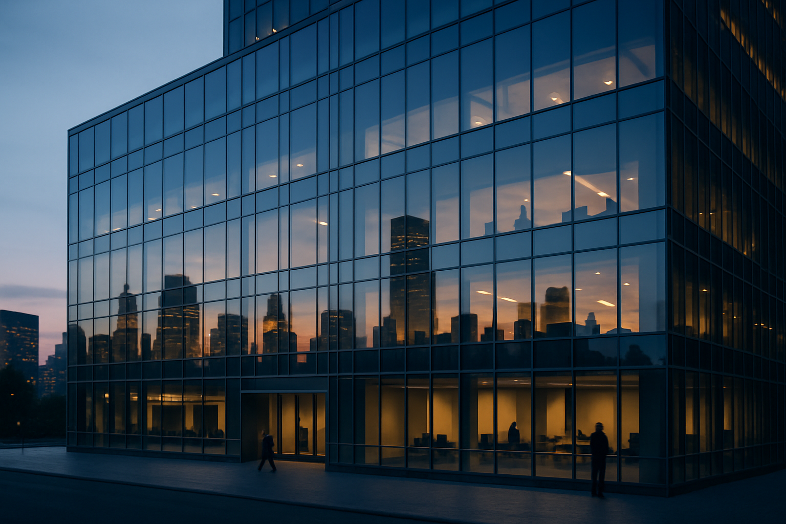 exterior of a modernist glass-and-steel investment bank headquarters at dawn, reflecting city skyline