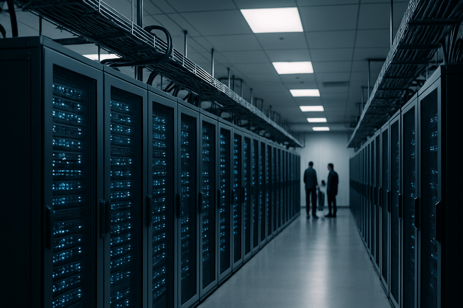 rows of illuminated server racks inside a large enterprise data center, cables organized along metal trays