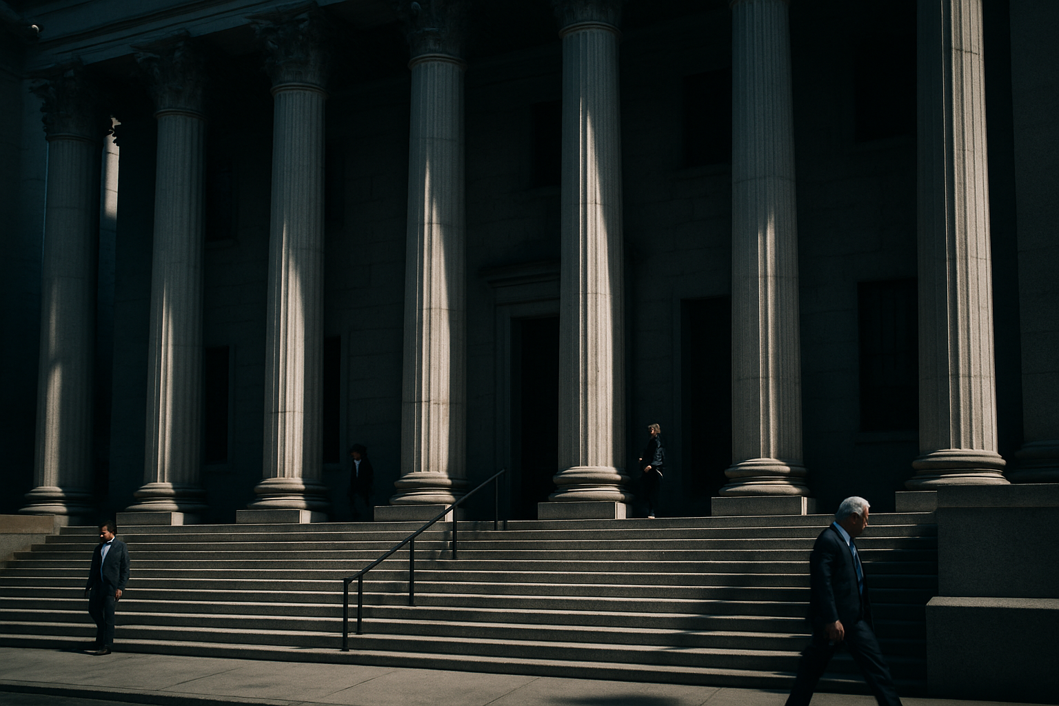 exterior of a federal courthouse building with stone columns and wide stone steps, photographed at midday