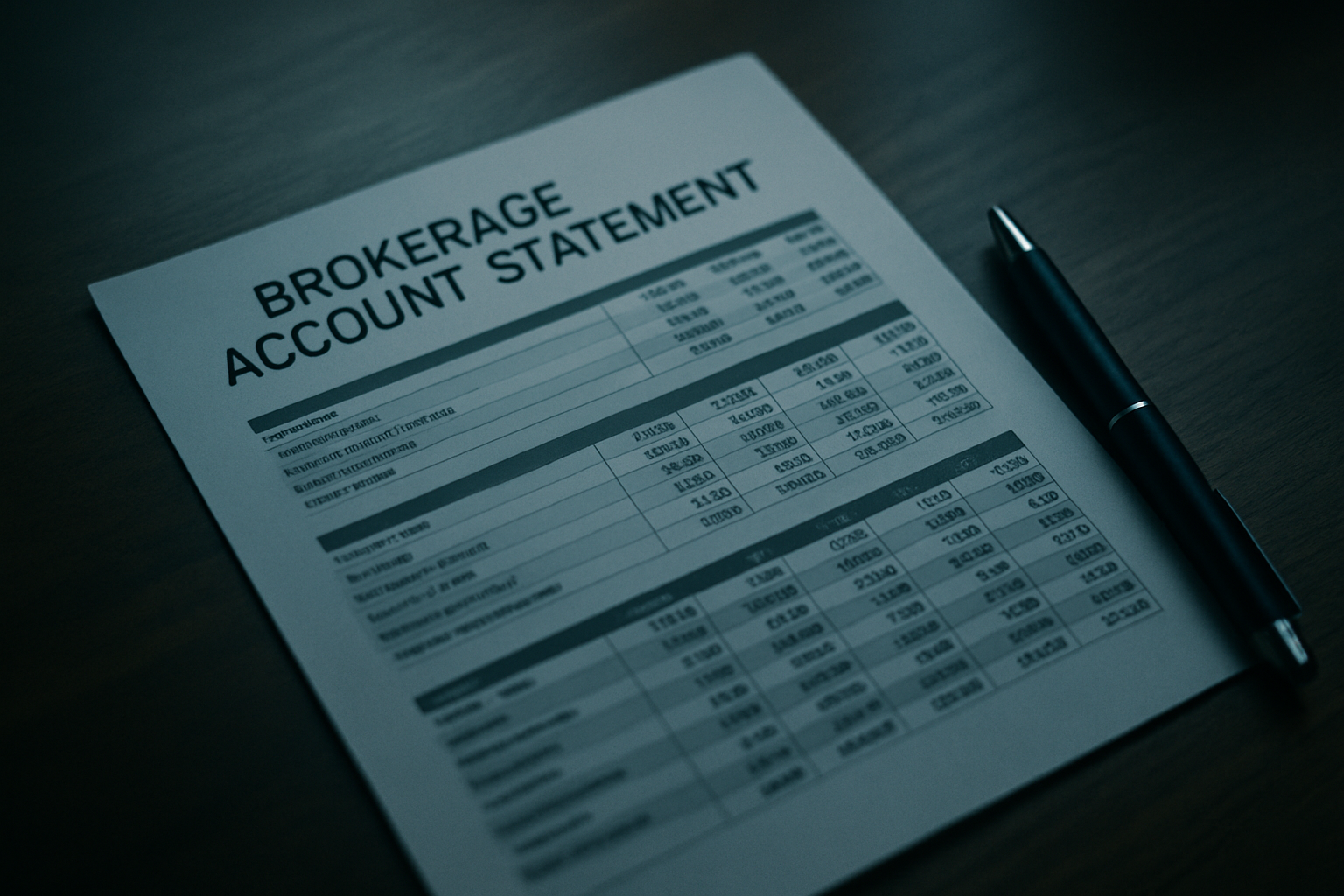 close-up of a financial brokerage account statement printed on paper, resting on a wooden desk beside a pen
