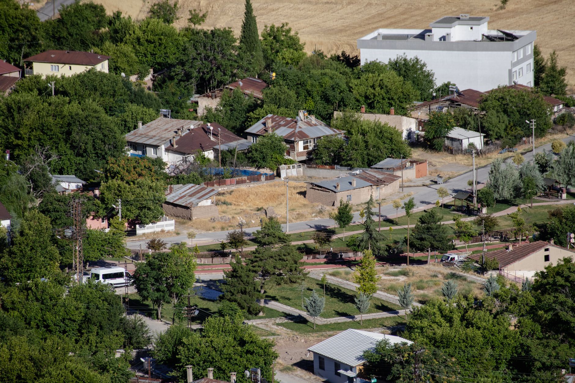aerial view of a quiet suburban neighbourhood showing a mix of main houses and small secondary structures in rear yards, with tree-lined streets visible