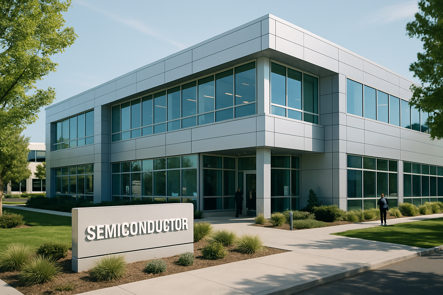 exterior of a modern semiconductor company office building in a Silicon Valley business park at midday, with manicured landscaping and a corporate sign visible near the entrance