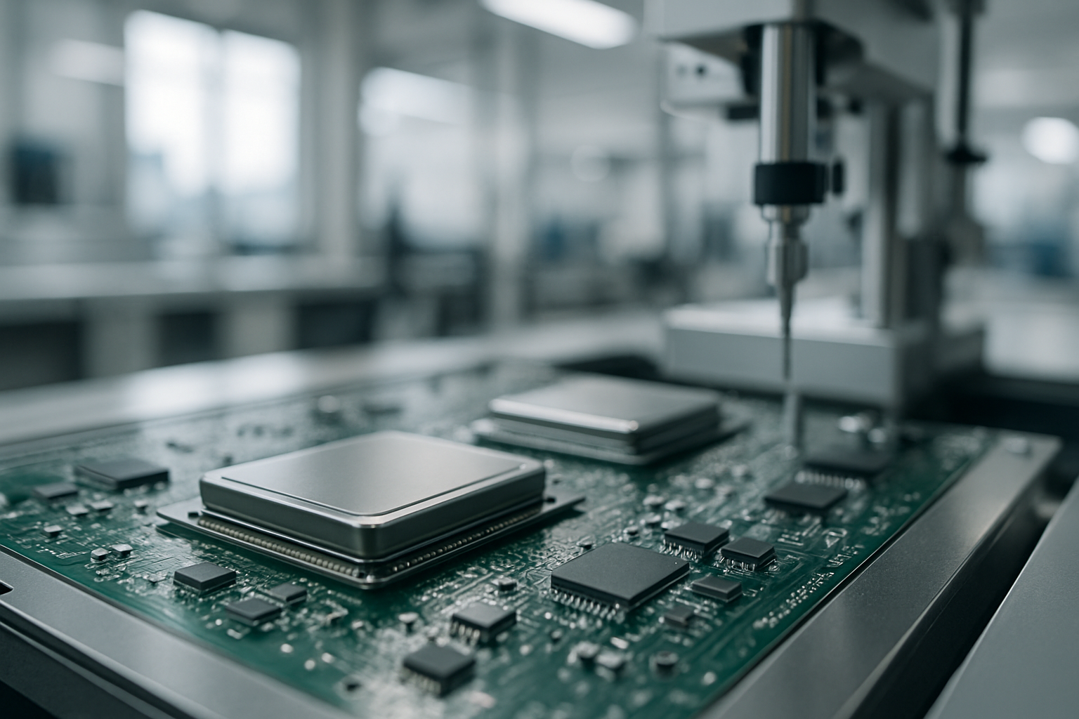 close-up of a circuit board featuring advanced processor chips mounted on a green substrate inside a semiconductor testing facility, with precision equipment visible in the background