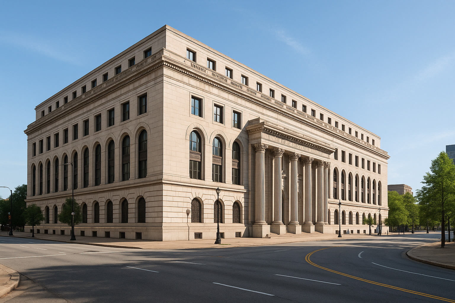 Federal Reserve building exterior in Cleveland, Ohio, on a clear summer morning