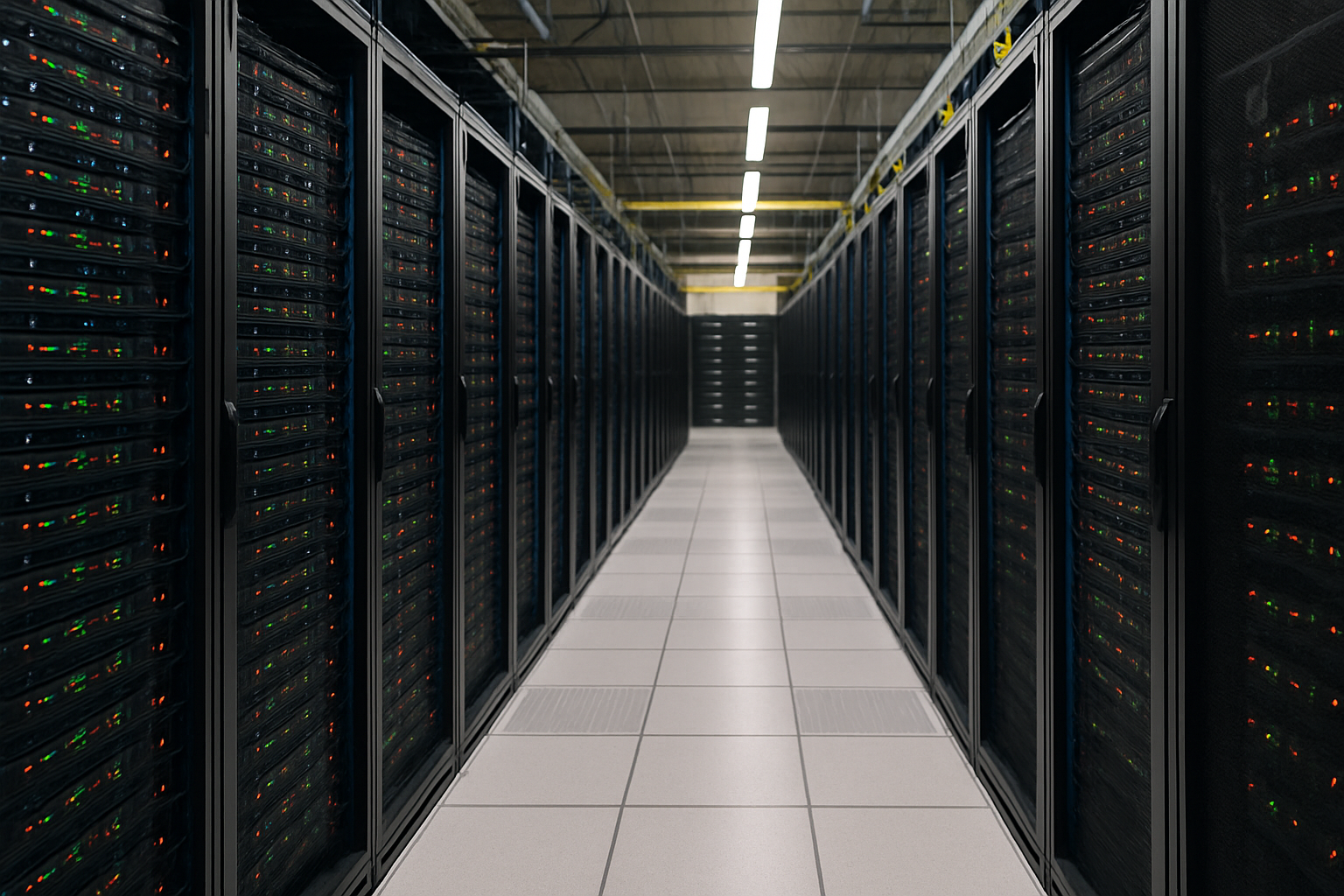 Rows of high-density server racks inside a large artificial intelligence data center facility